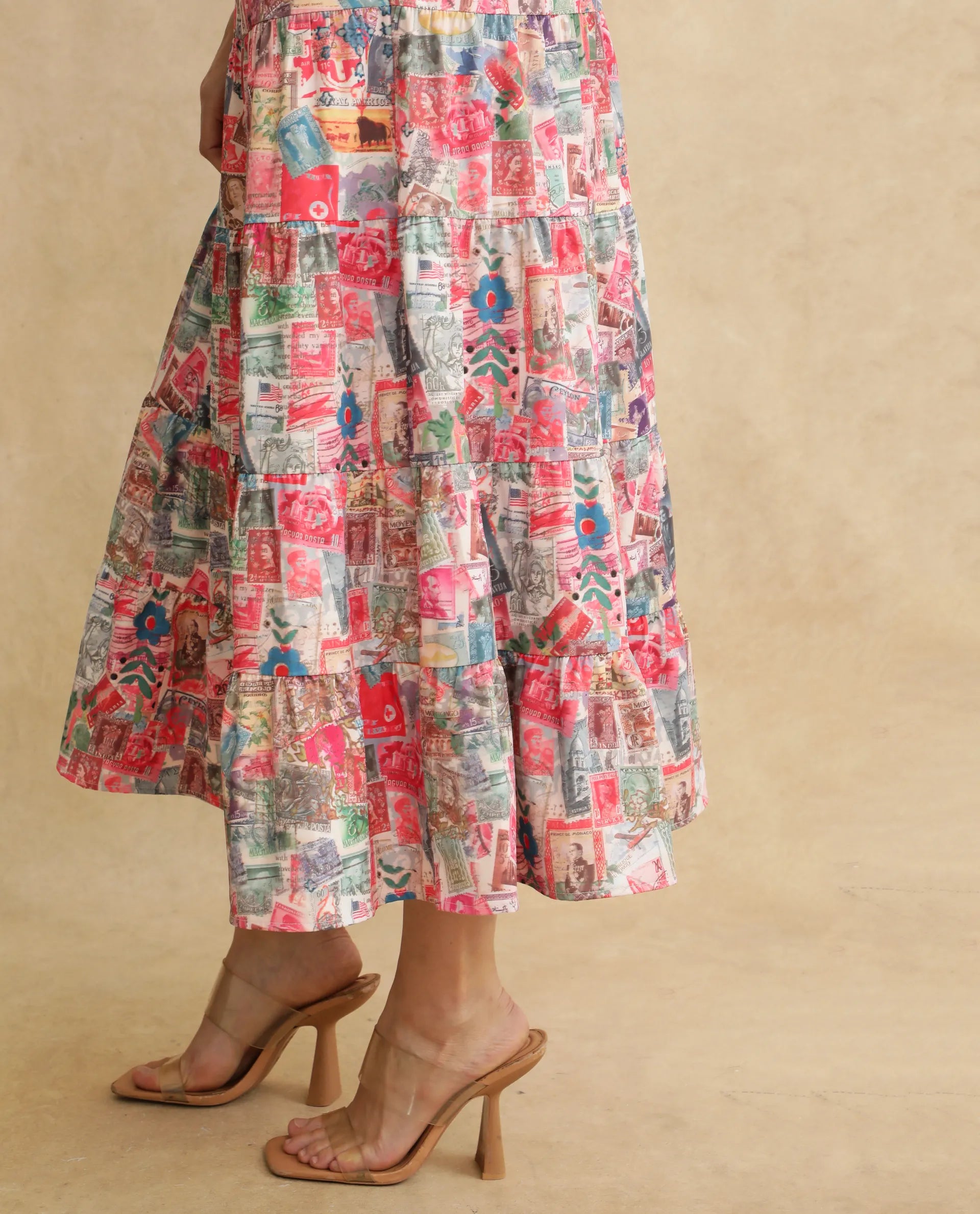 Rareism Women's Reting Light Multi Satin V-Neck Object Print Maxi Fit And Flare Dress