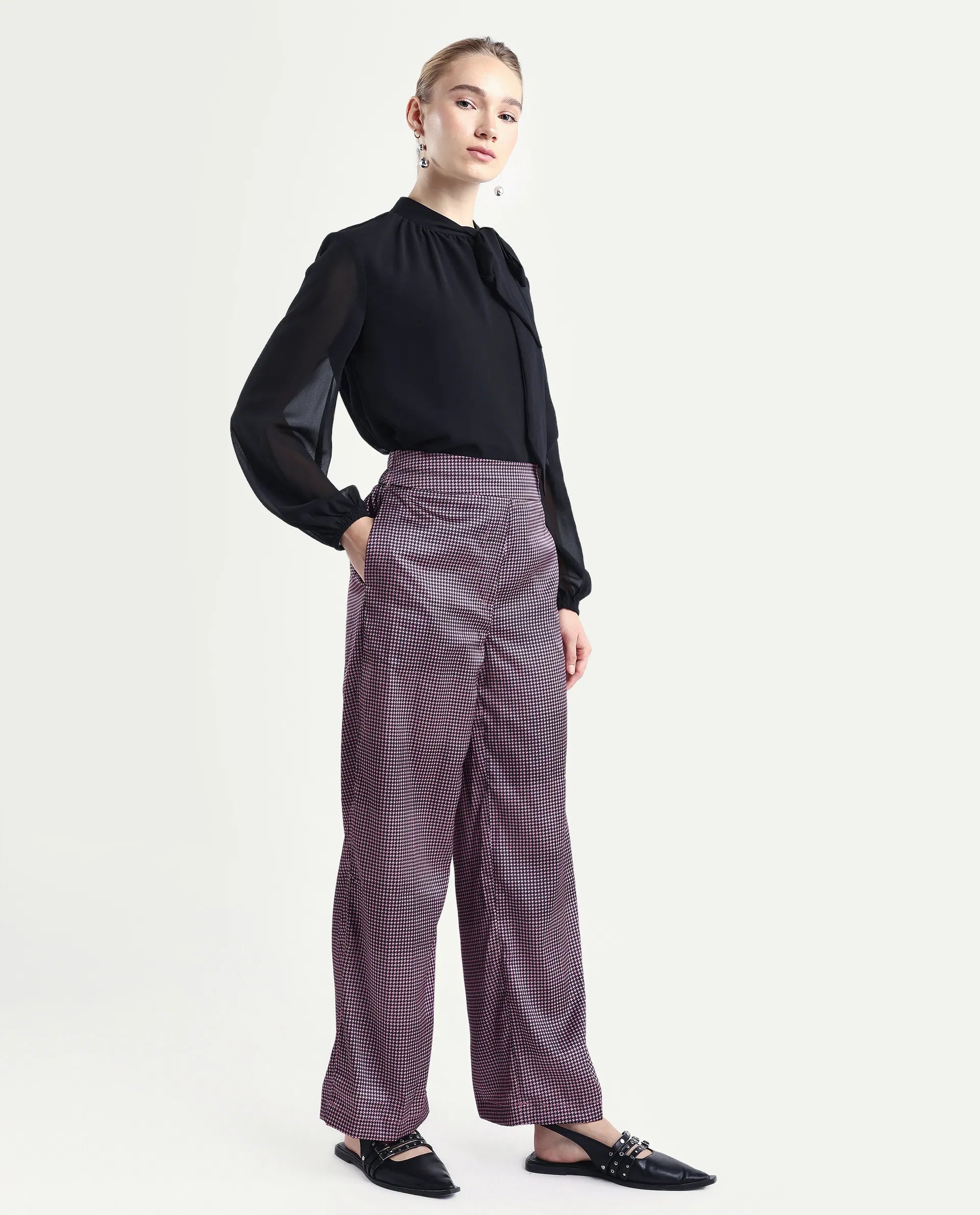 Rareism Women's Retre Multi Polyester Blend Houndstooth Print Ankle Length Straight Fit Trouser