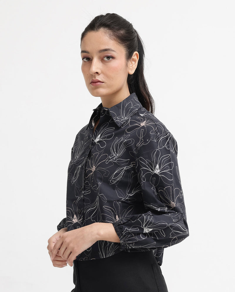 Rareism Women Reynosa Black Cotton Fabric Bishop Sleeves Jonny Collar Floral Print Relaxed Fit Cropped Shirt