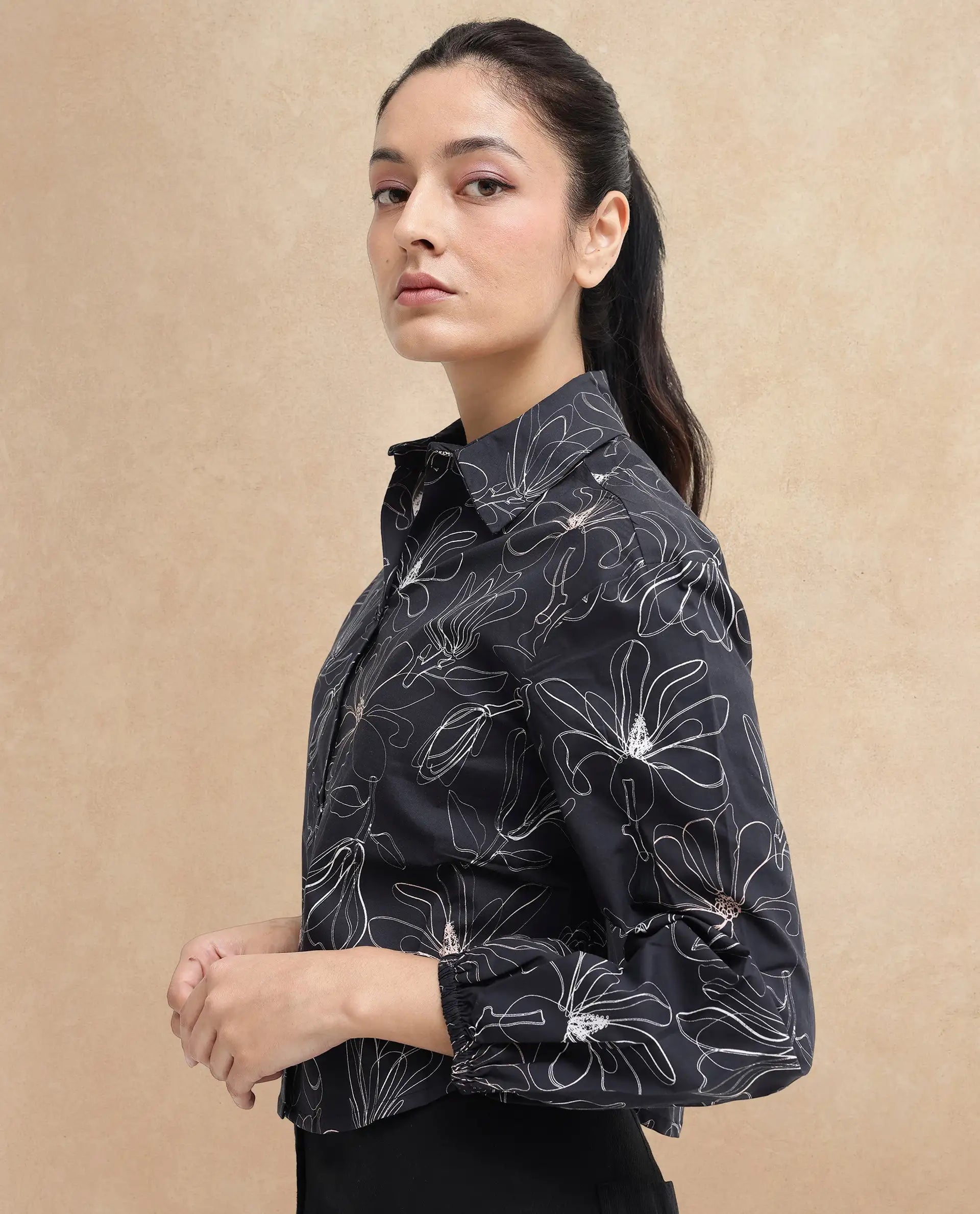 Rareism Women's Reynosa Black Cotton Johnny Collar Floral Print Bishop Sleeve Crop Regular Fit Top