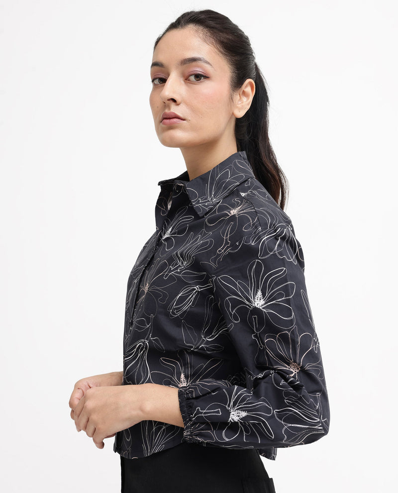 Rareism Women Reynosa Black Cotton Fabric Bishop Sleeves Jonny Collar Floral Print Relaxed Fit Cropped Shirt