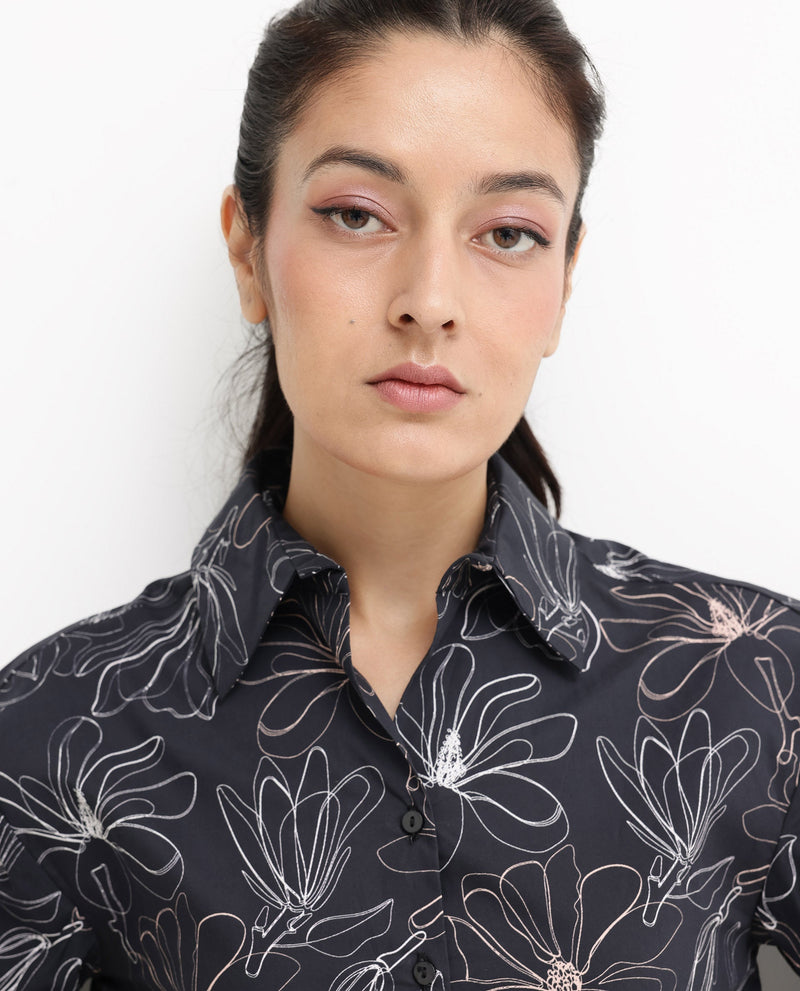 Rareism Women Reynosa Black Cotton Fabric Bishop Sleeves Jonny Collar Floral Print Relaxed Fit Cropped Shirt