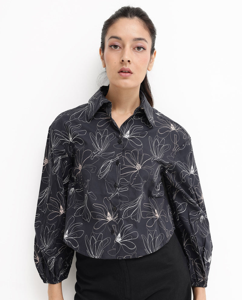 Rareism Women Reynosa Black Cotton Fabric Bishop Sleeves Jonny Collar Floral Print Relaxed Fit Cropped Shirt