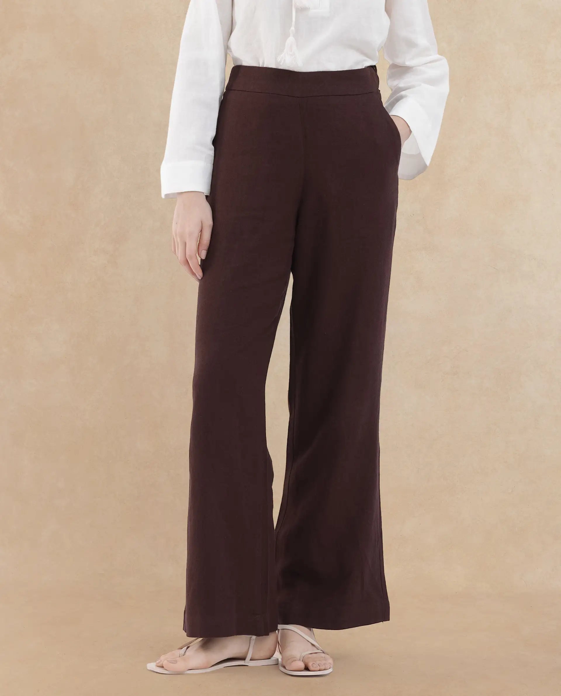 Rareism Women's Rica Brown Cotton Linen Plain Ankle Length Wide Trouser