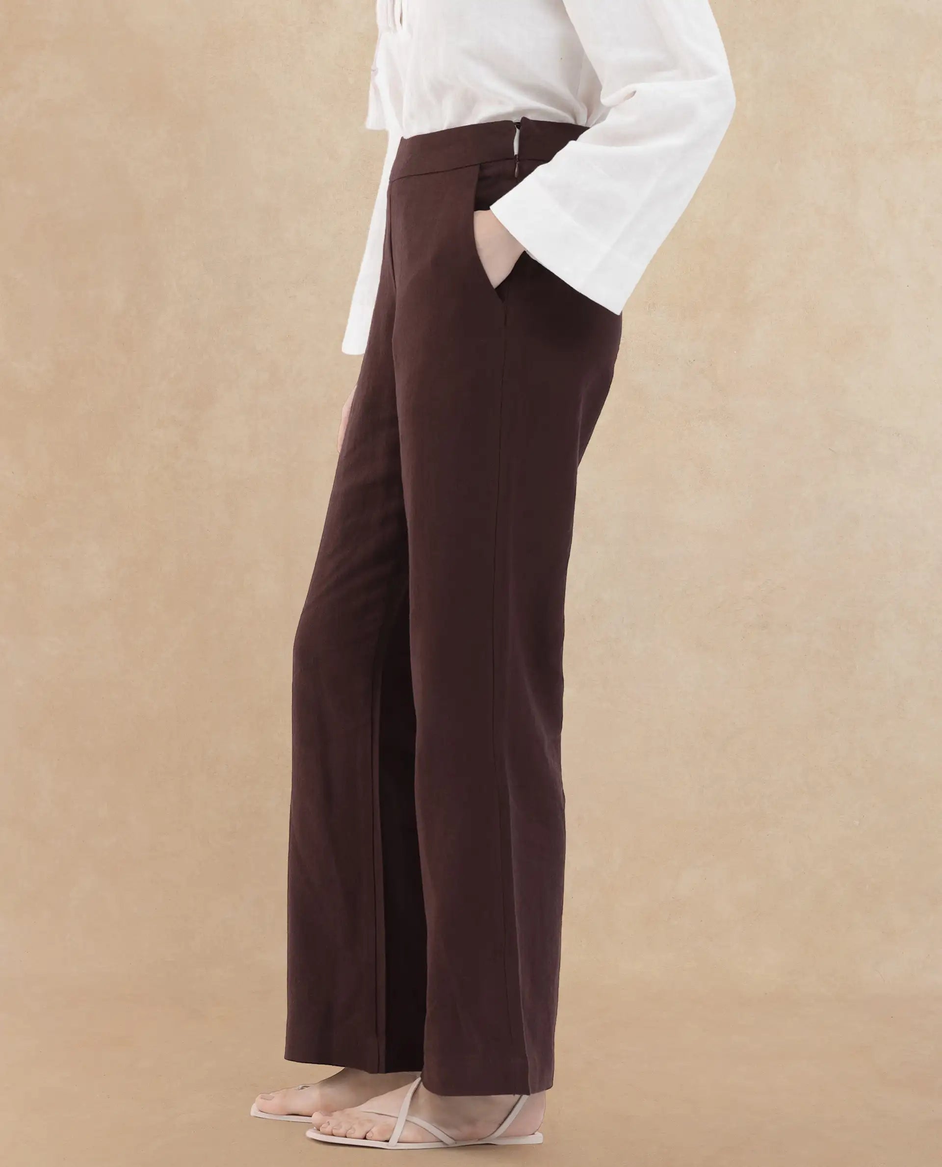 Rareism Women's Rica Brown Cotton Linen Plain Ankle Length Wide Trouser