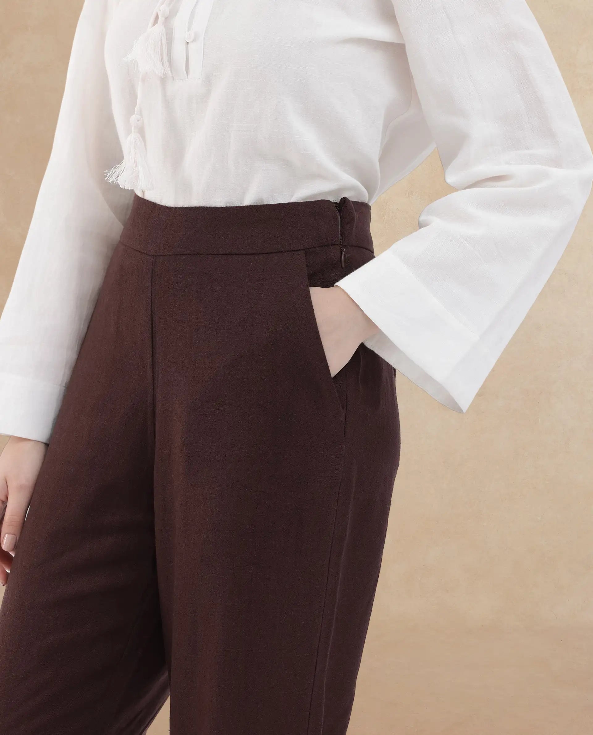 Rareism Women's Rica Brown Cotton Linen Plain Ankle Length Wide Trouser