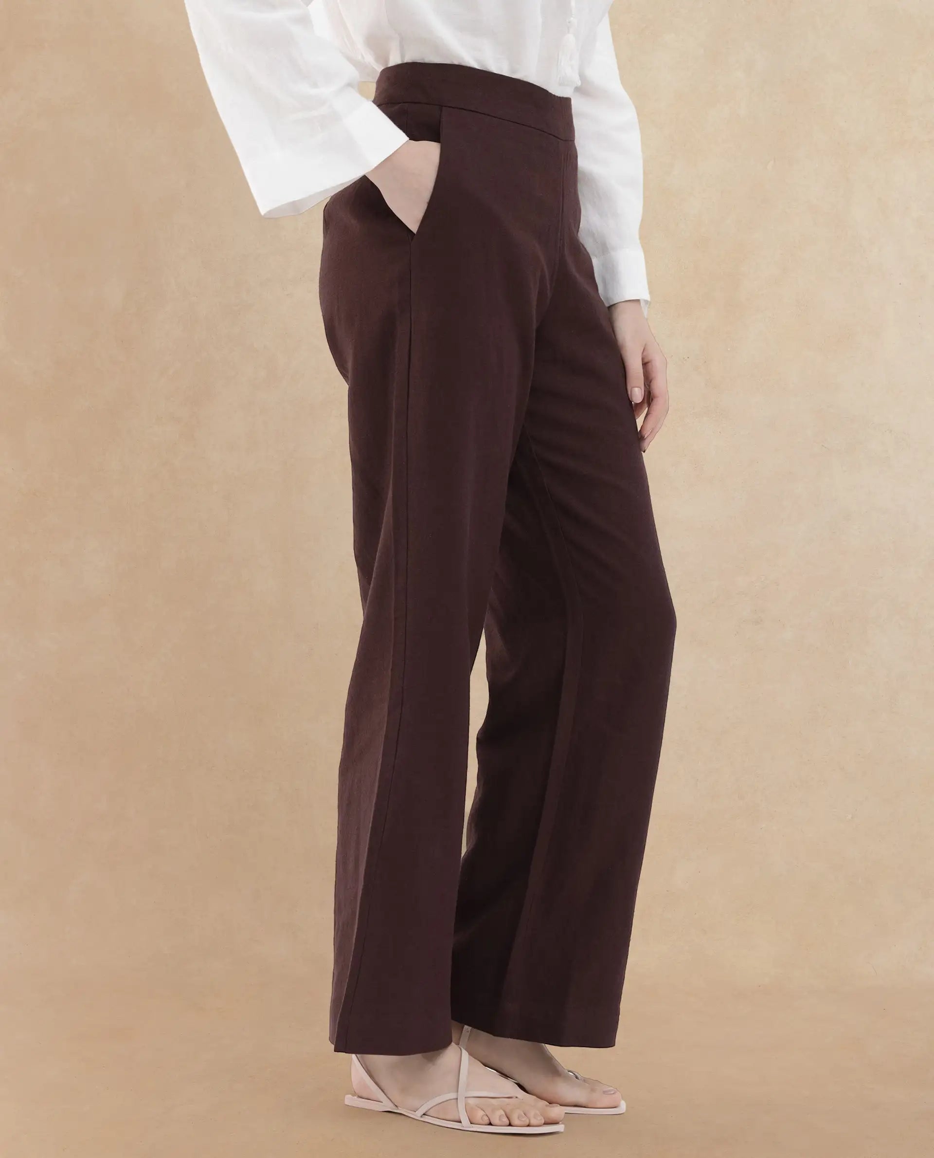 Rareism Women's Rica Brown Cotton Linen Plain Ankle Length Wide Trouser