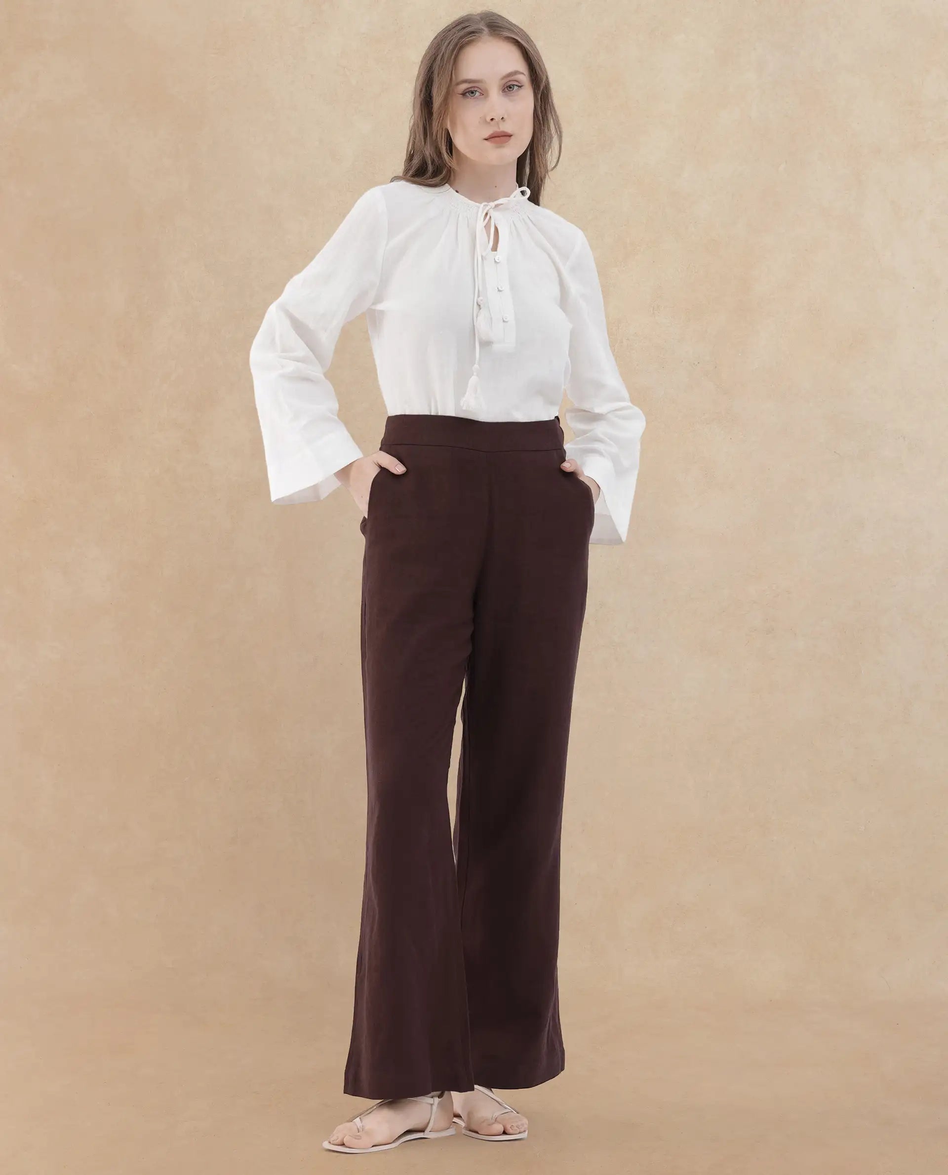 Rareism Women's Rica Brown Cotton Linen Plain Ankle Length Wide Trouser