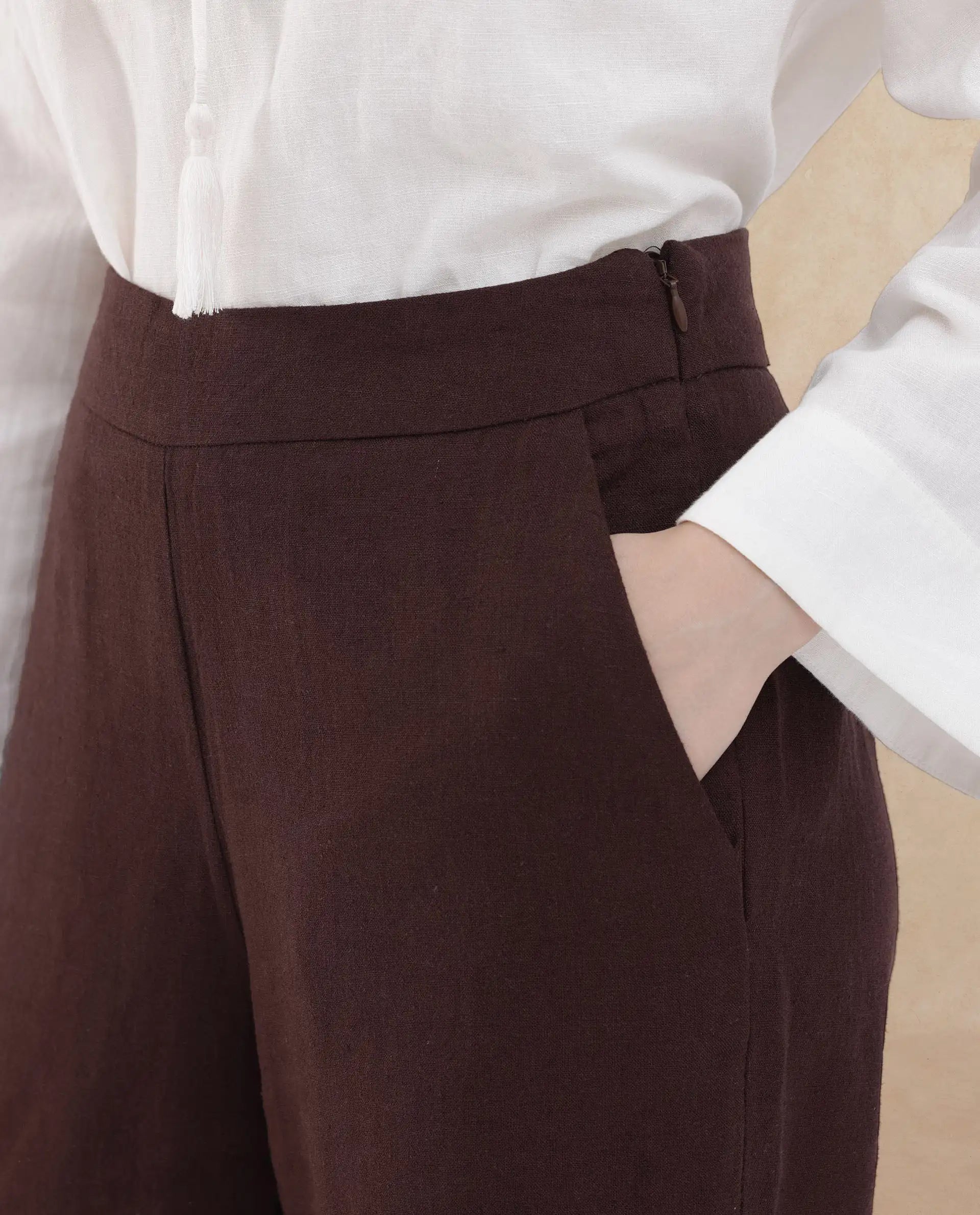 Rareism Women's Rica Brown Cotton Linen Plain Ankle Length Wide Trouser