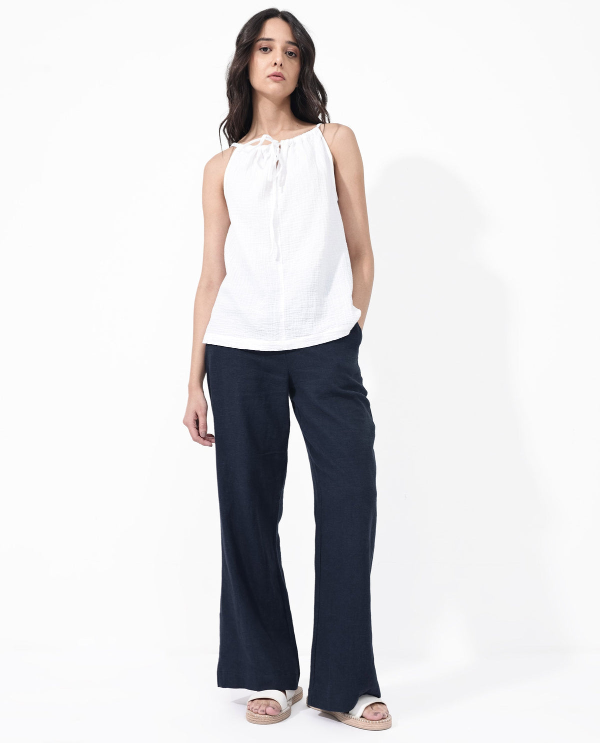 Rareism Women Rica Dark Navy Cotton Linen Fabric Regular Length Trouser