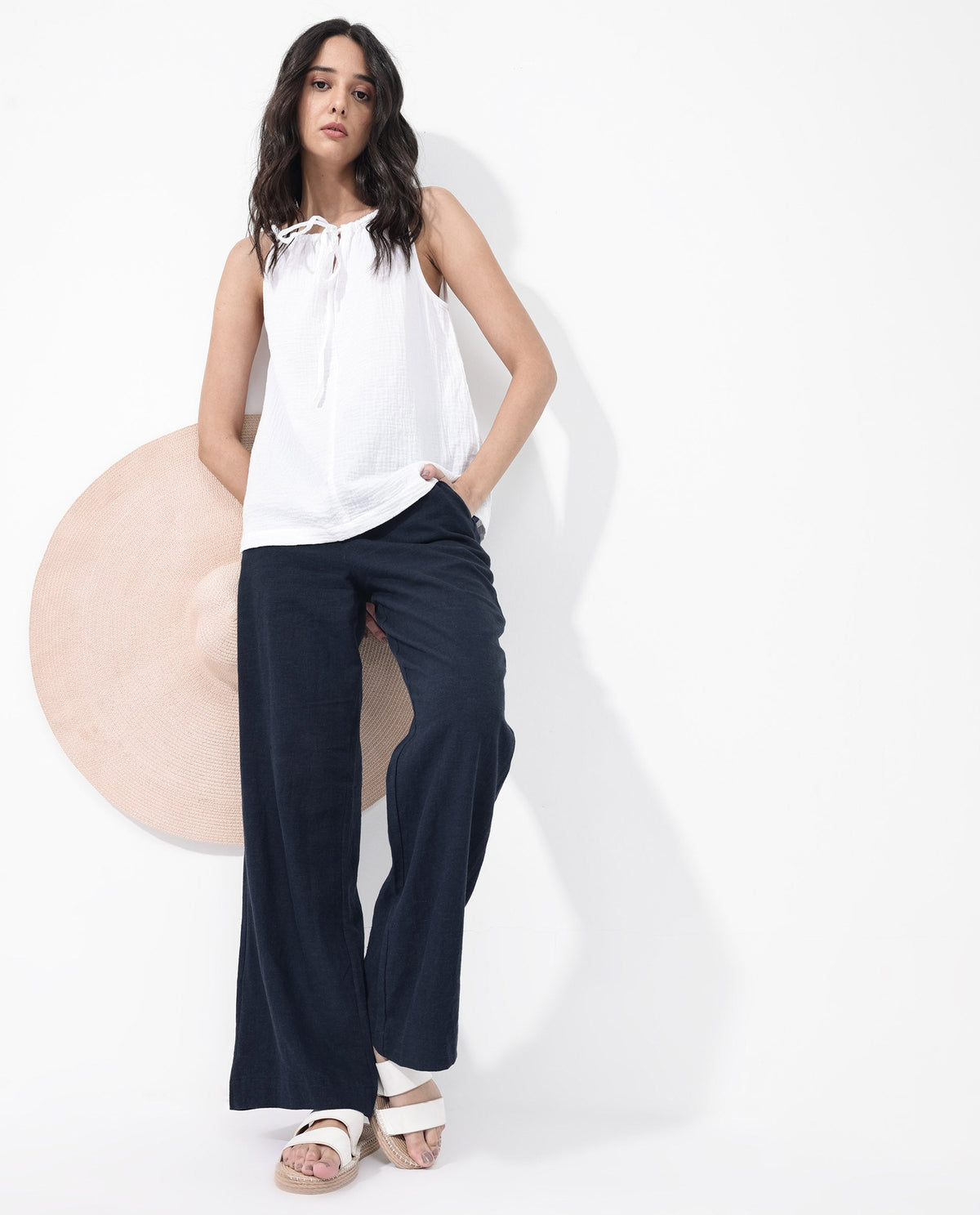 Rareism Women Rica Dark Navy Cotton Linen Fabric Regular Length Trouser