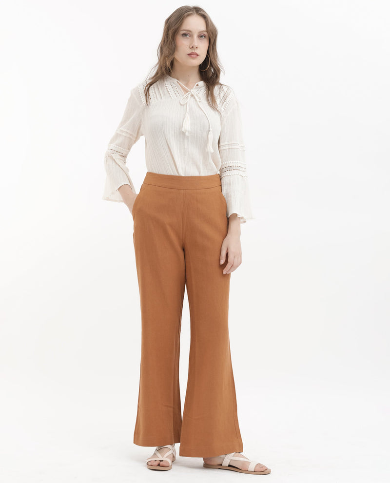 Rareism Women Rica Pastel Orange Cotton Linen Fabric Regular Length Trouser