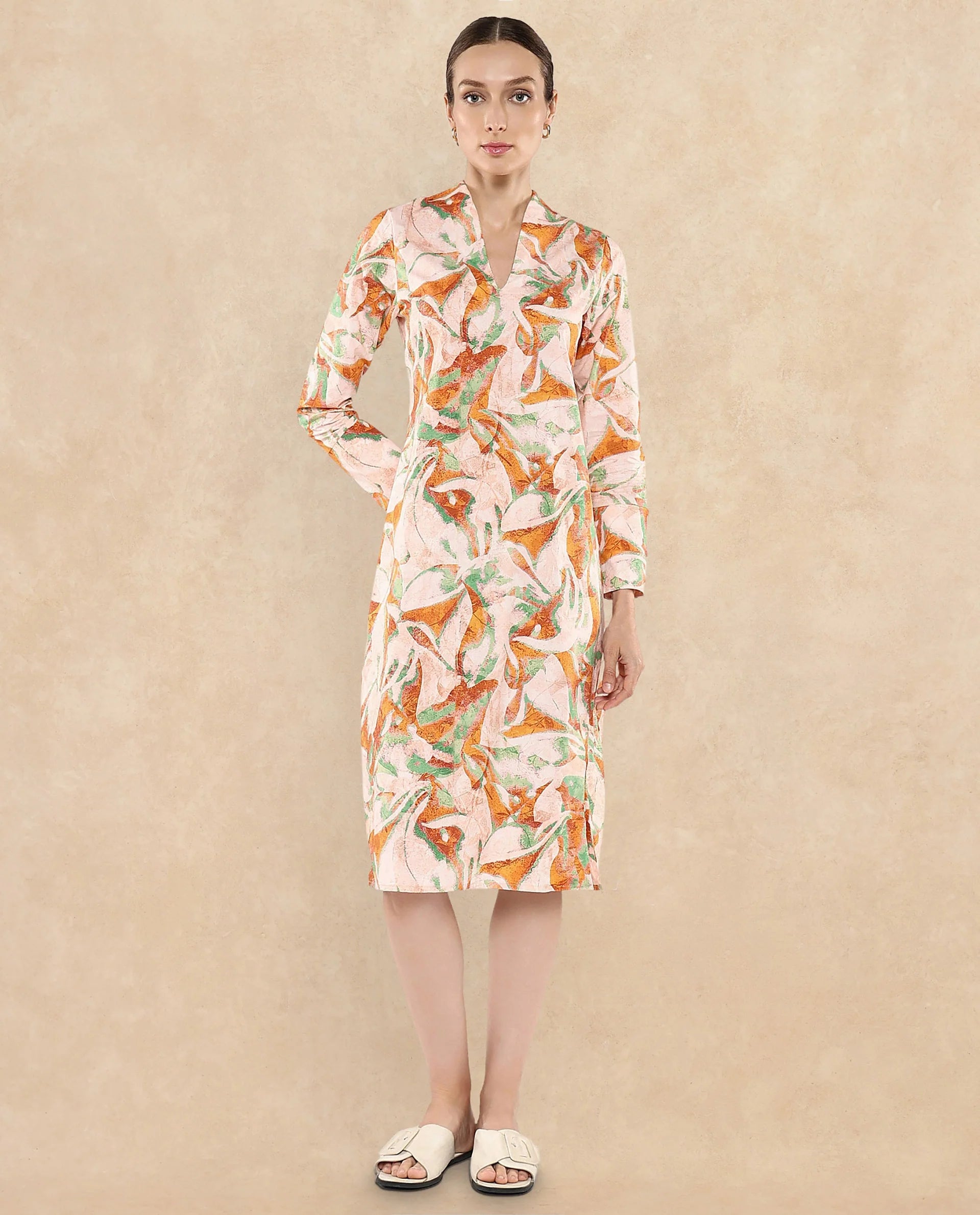 Rareism Women's Ricato Multi Cotton Built-Up Neck Abstract Print Cuffed Sleeve Midi Regular Fit Dress