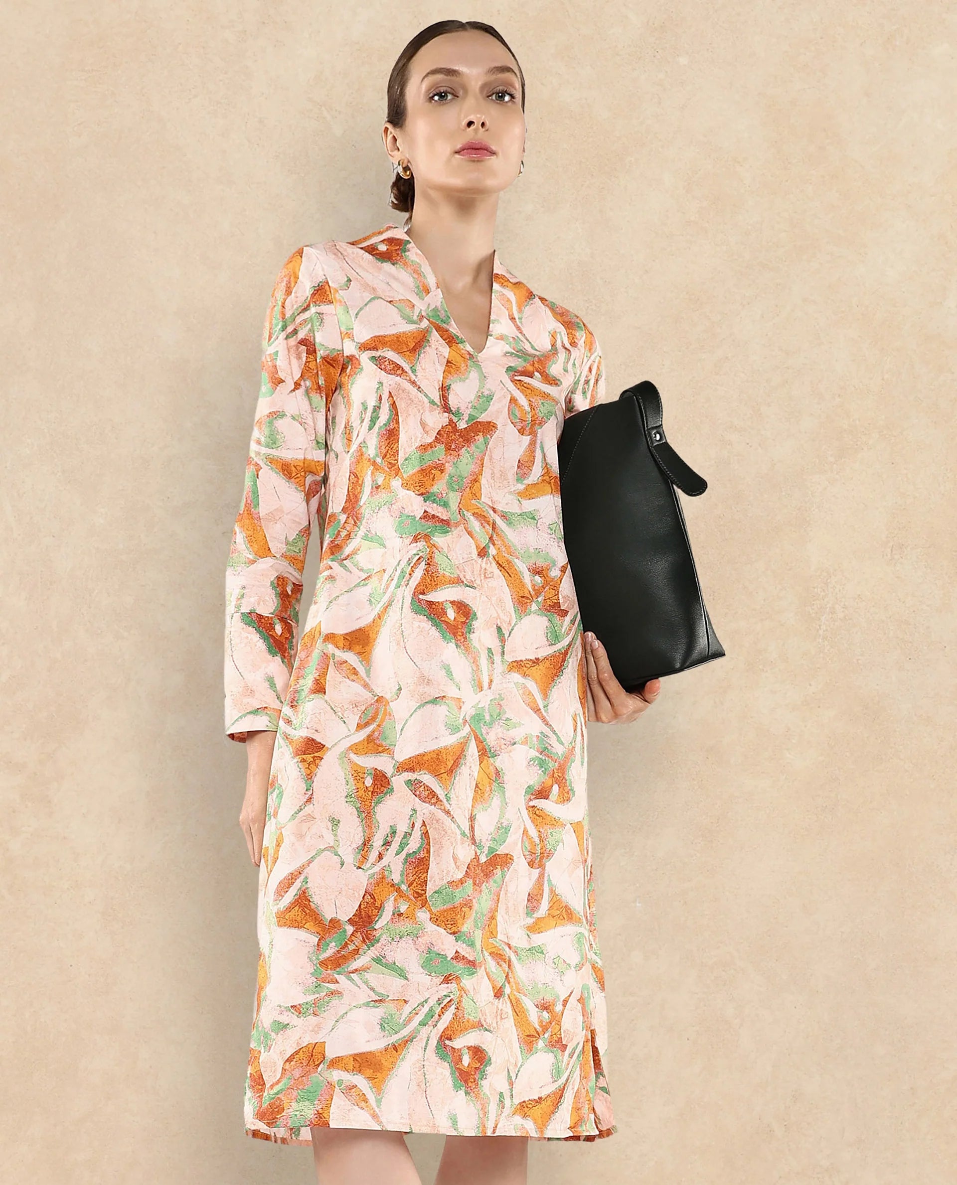 Rareism Women's Ricato Multi Cotton Fabric V-Neck  Cuffed Sleeve Abstract A-Line Midi Dress