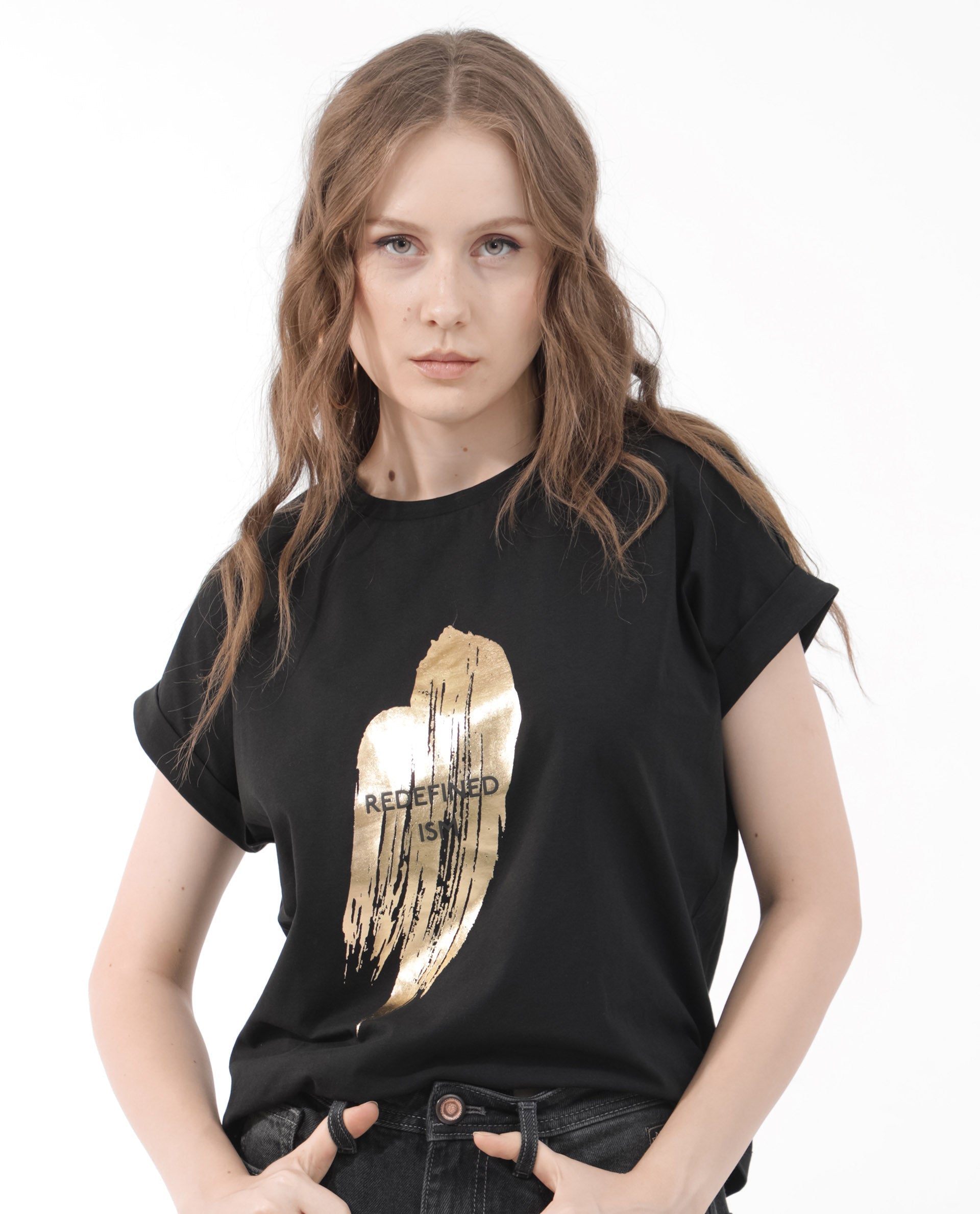 Rareism Women Trident Black Cotton Elastane Fabric Crew Neck Knit Solid T-Shirt