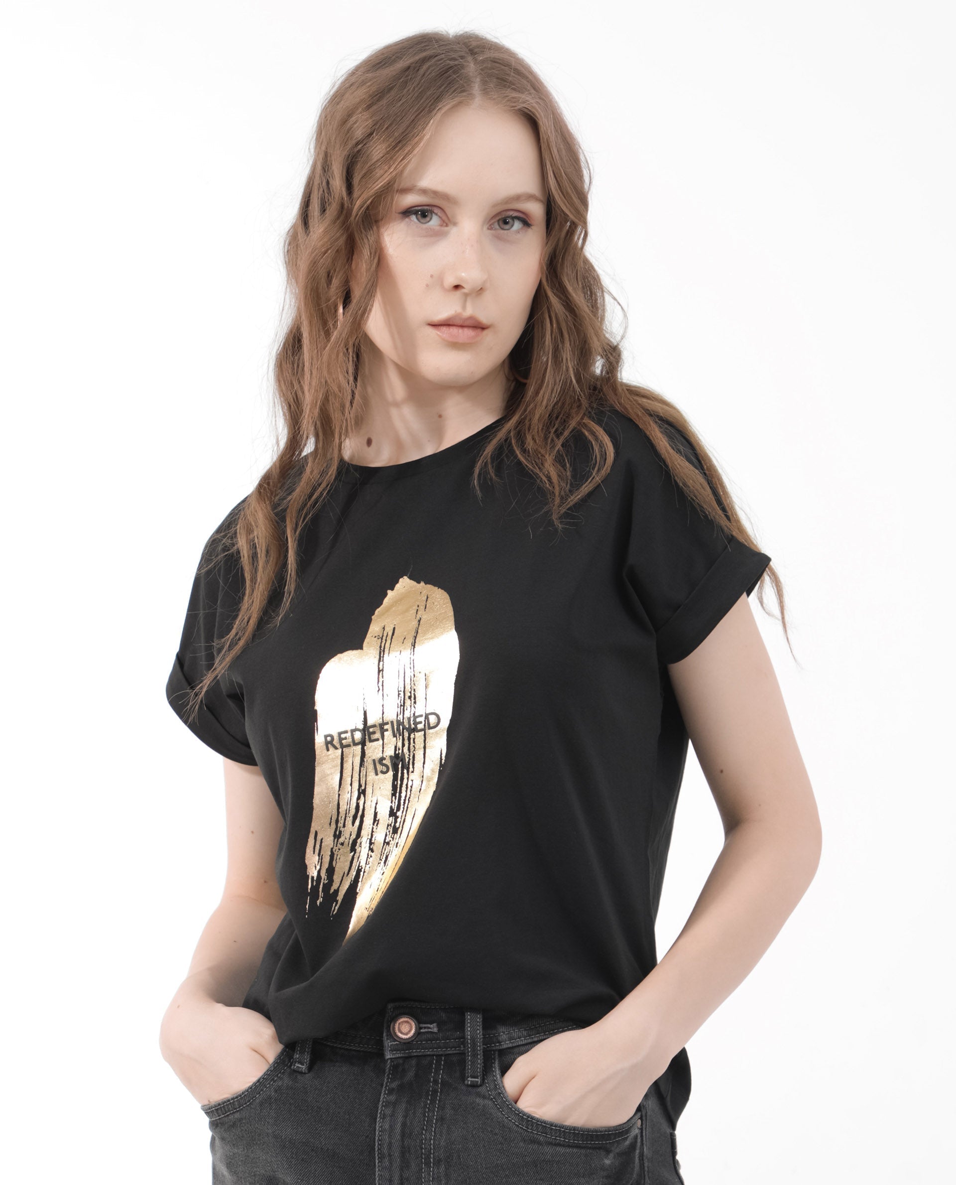 Rareism Women Trident Black Cotton Elastane Fabric Crew Neck Knit Solid T-Shirt