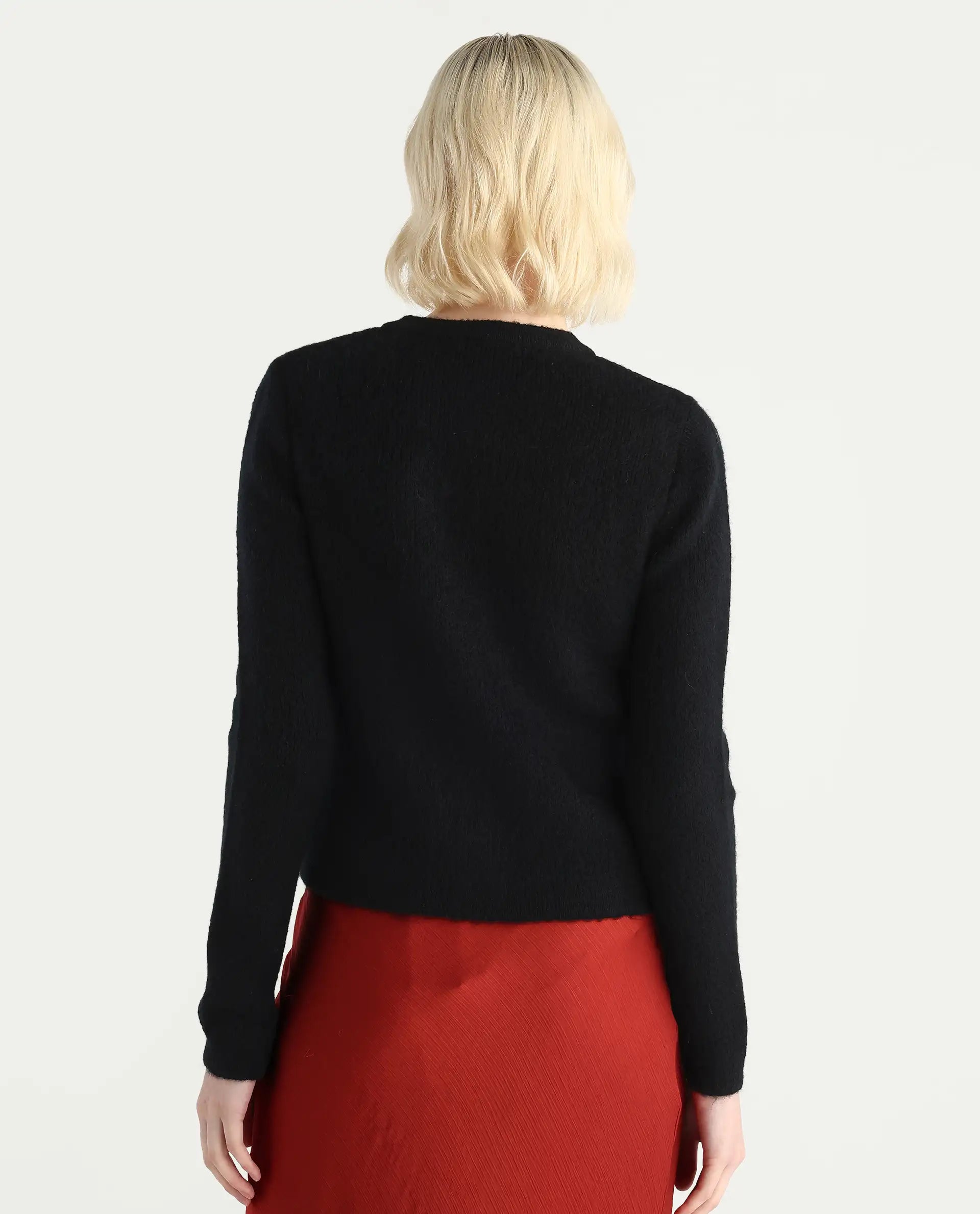 Rareism Women's Ries Black Acrylic Blend Crew Neck Regular Fit Cardigan