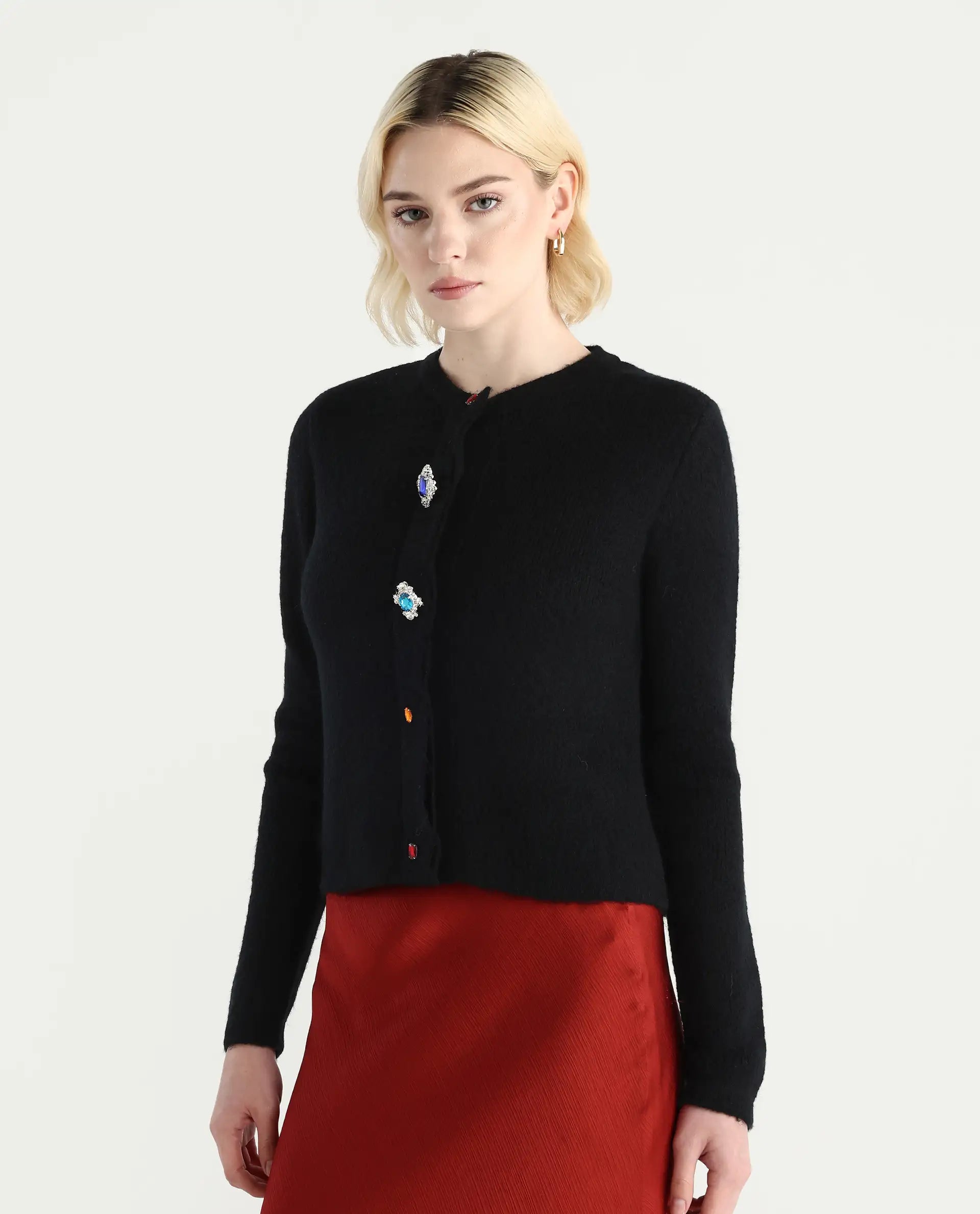 Rareism Women's Ries Black Acrylic Blend Crew Neck Regular Fit Cardigan