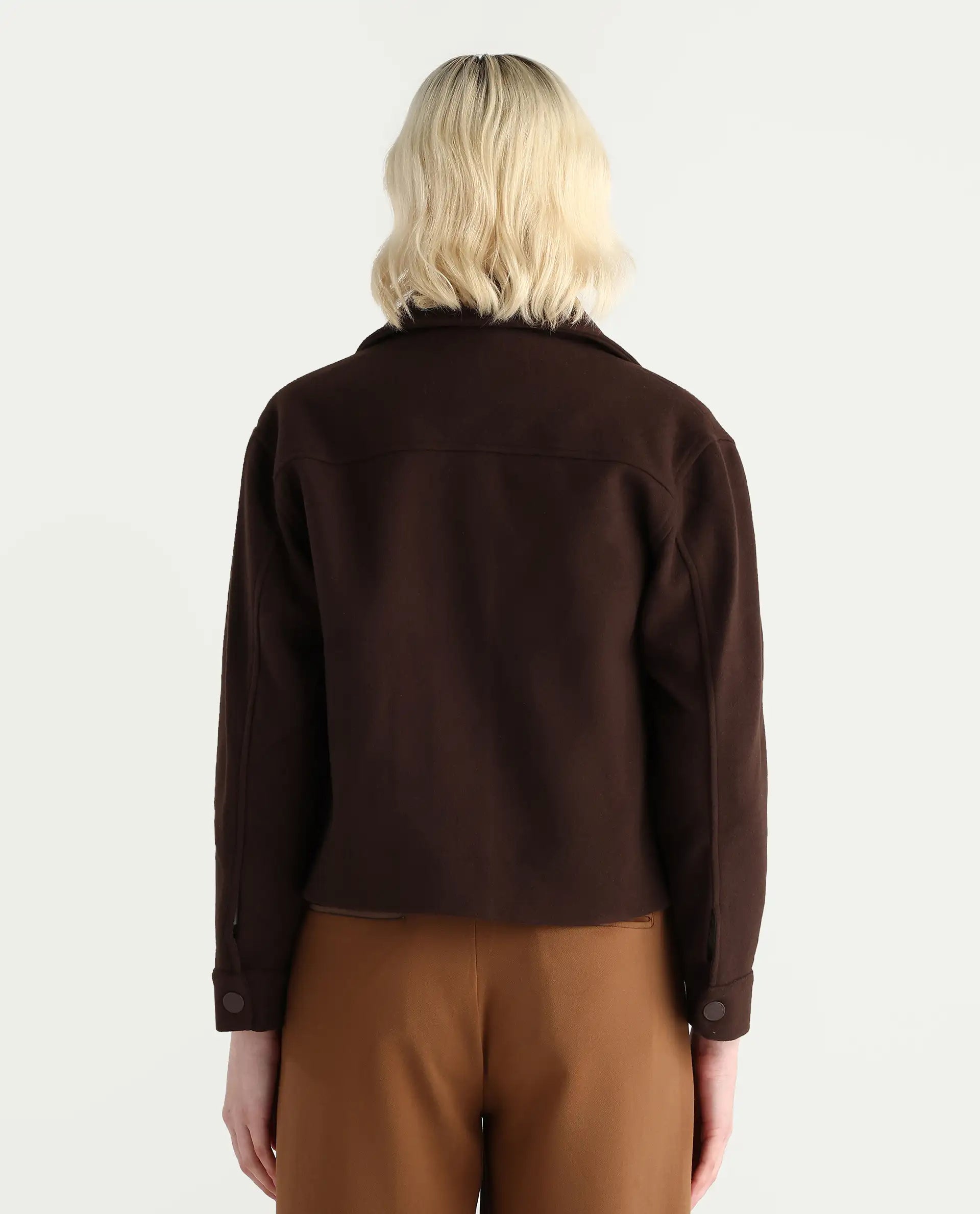 Rareism Women's Riffin Dark Brown Drop Collar Plain Cuffed Sleeve Regular Fit Jacket