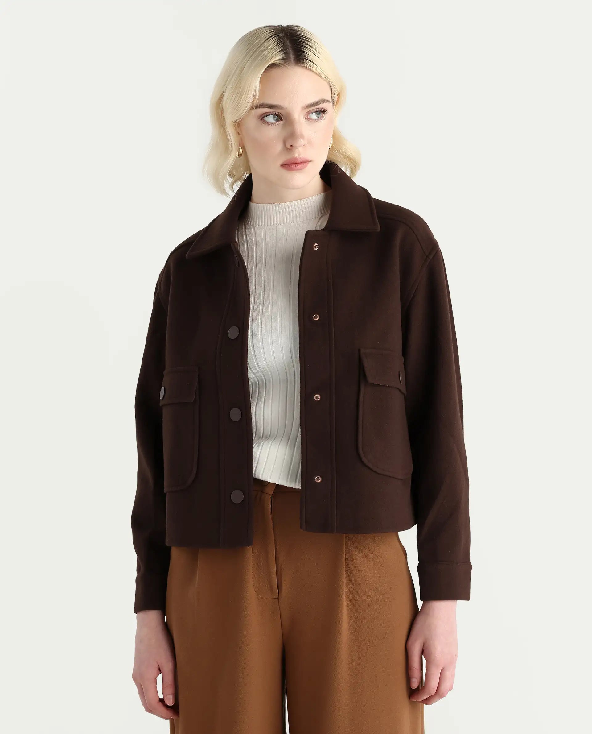 Rareism Women's Riffin Dark Brown Drop Collar Plain Cuffed Sleeve Regular Fit Jacket