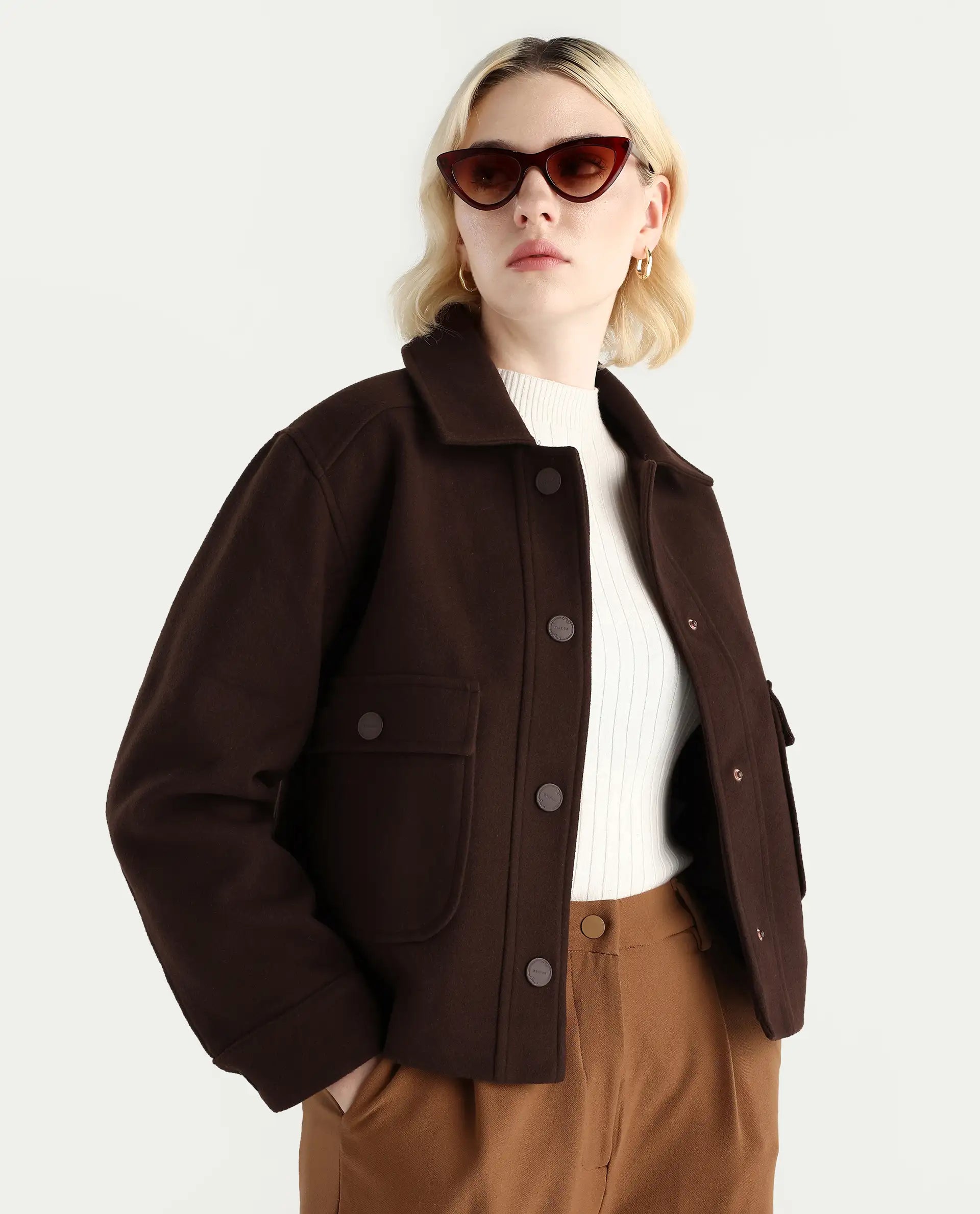 Rareism Women's Riffin Dark Brown Drop Collar Plain Cuffed Sleeve Regular Fit Jacket