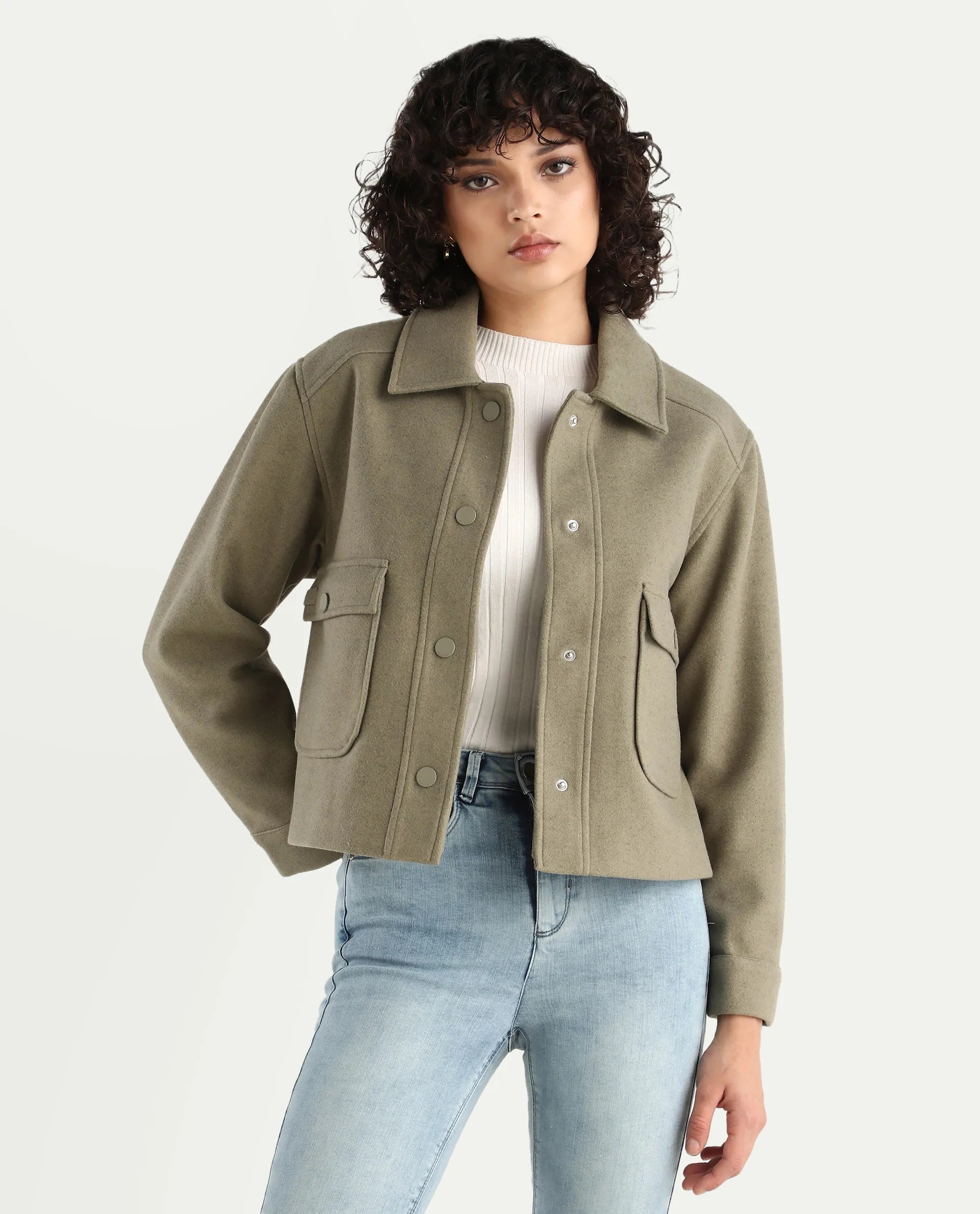 Rareism Women's Riffin Dusky Green Drop Collar Plain Cuffed Sleeve Regular Fit Jacket