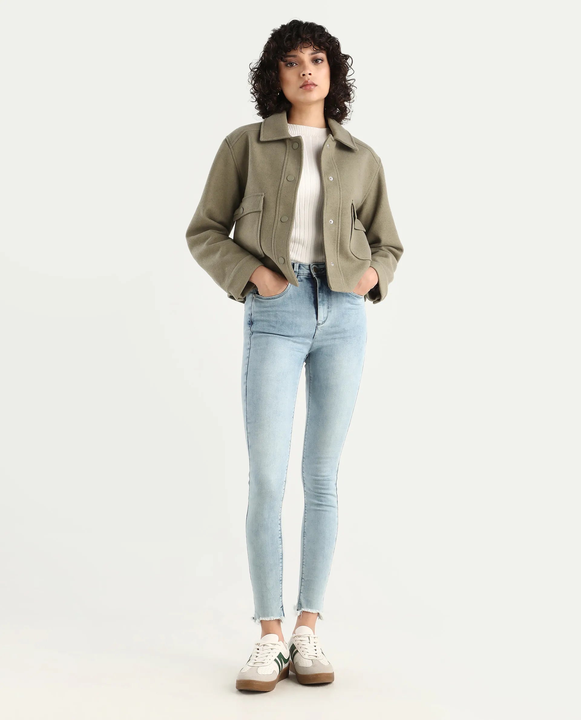 Rareism Women's Riffin Dusky Green Drop Collar Plain Cuffed Sleeve Regular Fit Jacket