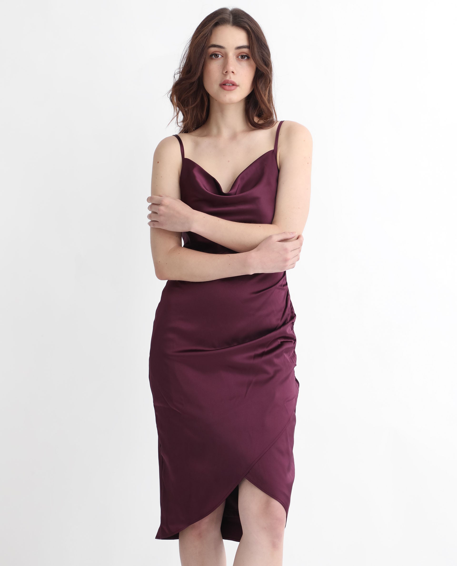 Rareism Women Rilu Sheen Maroon Cowl Neck Spaghetti Shoulder Straps Party Knee Length Dress