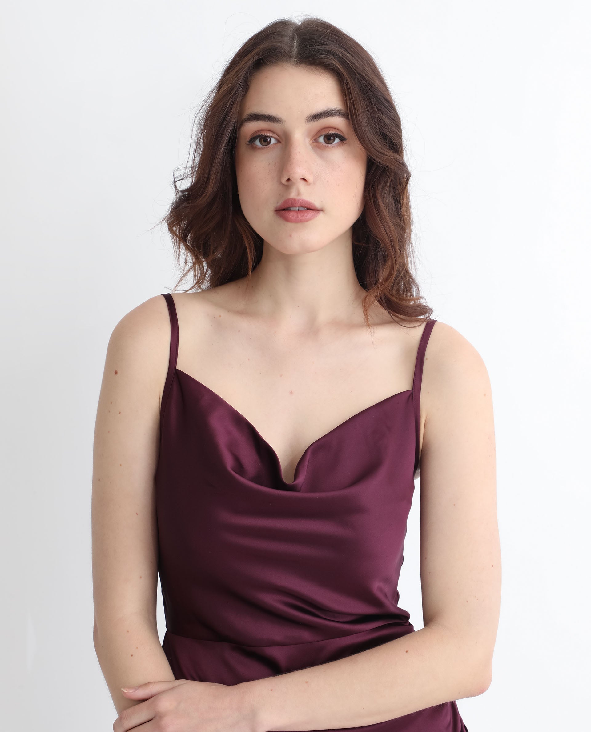 Rareism Women Rilu Sheen Maroon Cowl Neck Spaghetti Shoulder Straps Party Knee Length Dress