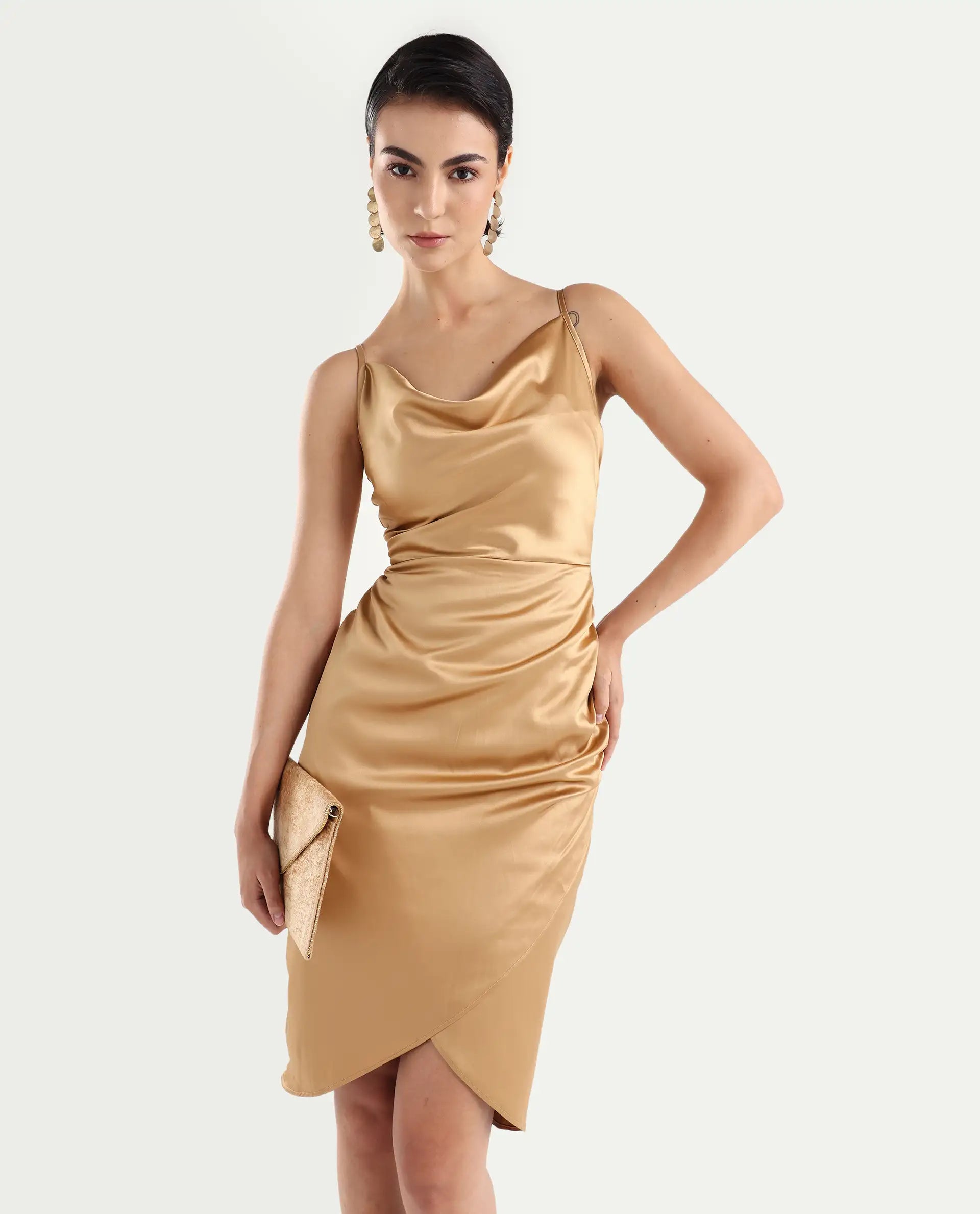 Rareism Women's Rilu Sheen Gold Polyester Blend Cowl Neck Plain Should Rareism Women's Rilu Sheen Gold Polyester Blend Cowl Neck Plain Should