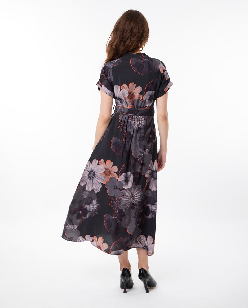 Rareism Women Ringel Black Poly Viscose Fabric Short Sleeves V-Neck Extended Sleeve Regular Fit Floral Print Maxi Empire Dress