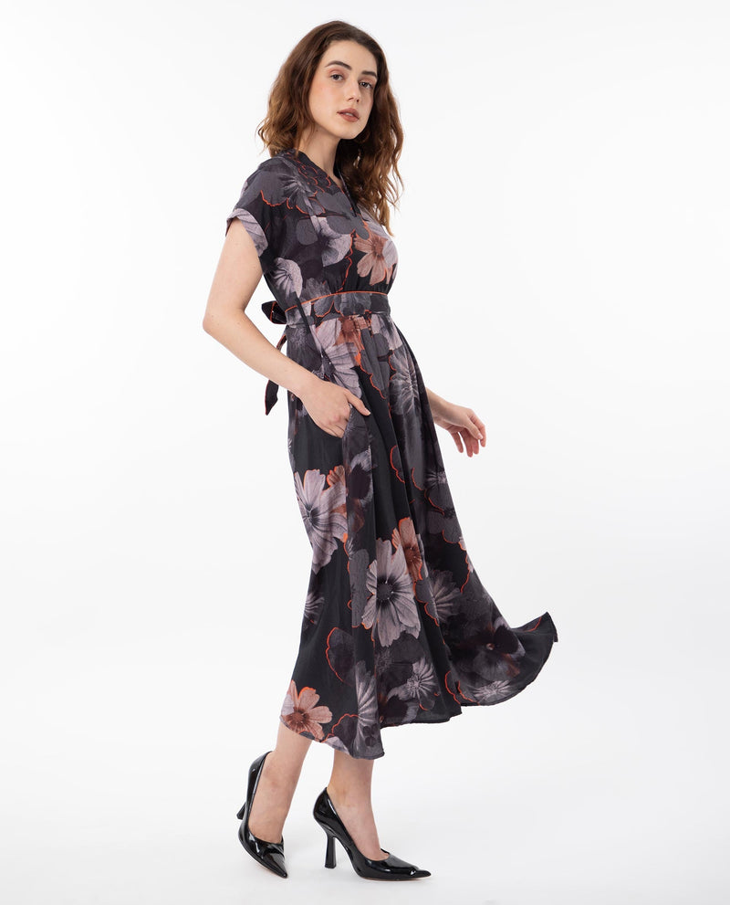 Rareism Women Ringel Black Poly Viscose Fabric Short Sleeves V-Neck Extended Sleeve Regular Fit Floral Print Maxi Empire Dress