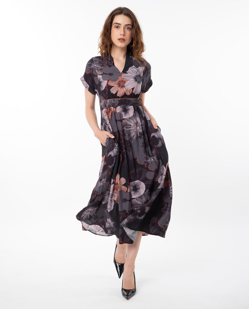 Rareism Women Ringel Black Poly Viscose Fabric Short Sleeves V-Neck Extended Sleeve Regular Fit Floral Print Maxi Empire Dress