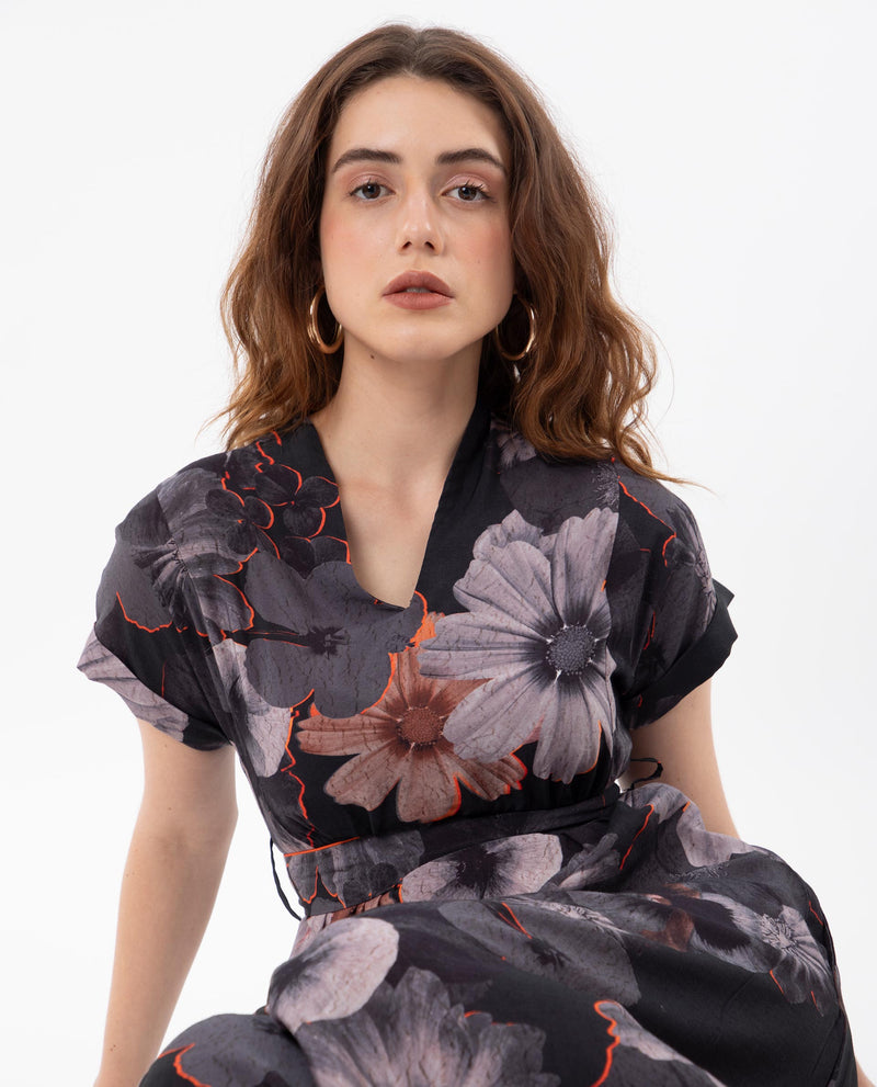 Rareism Women Ringel Black Poly Viscose Fabric Short Sleeves V-Neck Extended Sleeve Regular Fit Floral Print Maxi Empire Dress