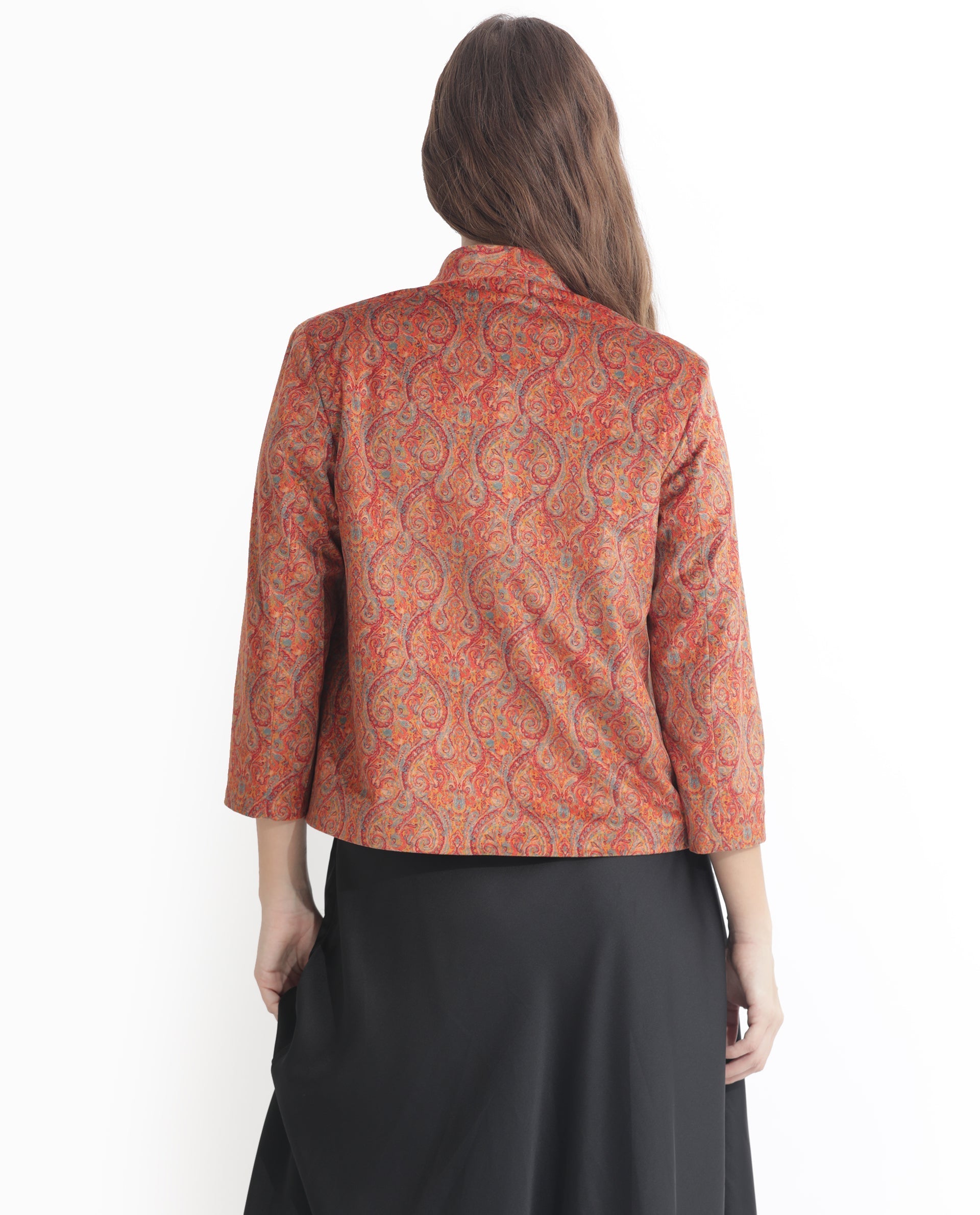 Rareism Women Rinok Gold Velvet 3/4Th Sleeves Print Collarless Shrug