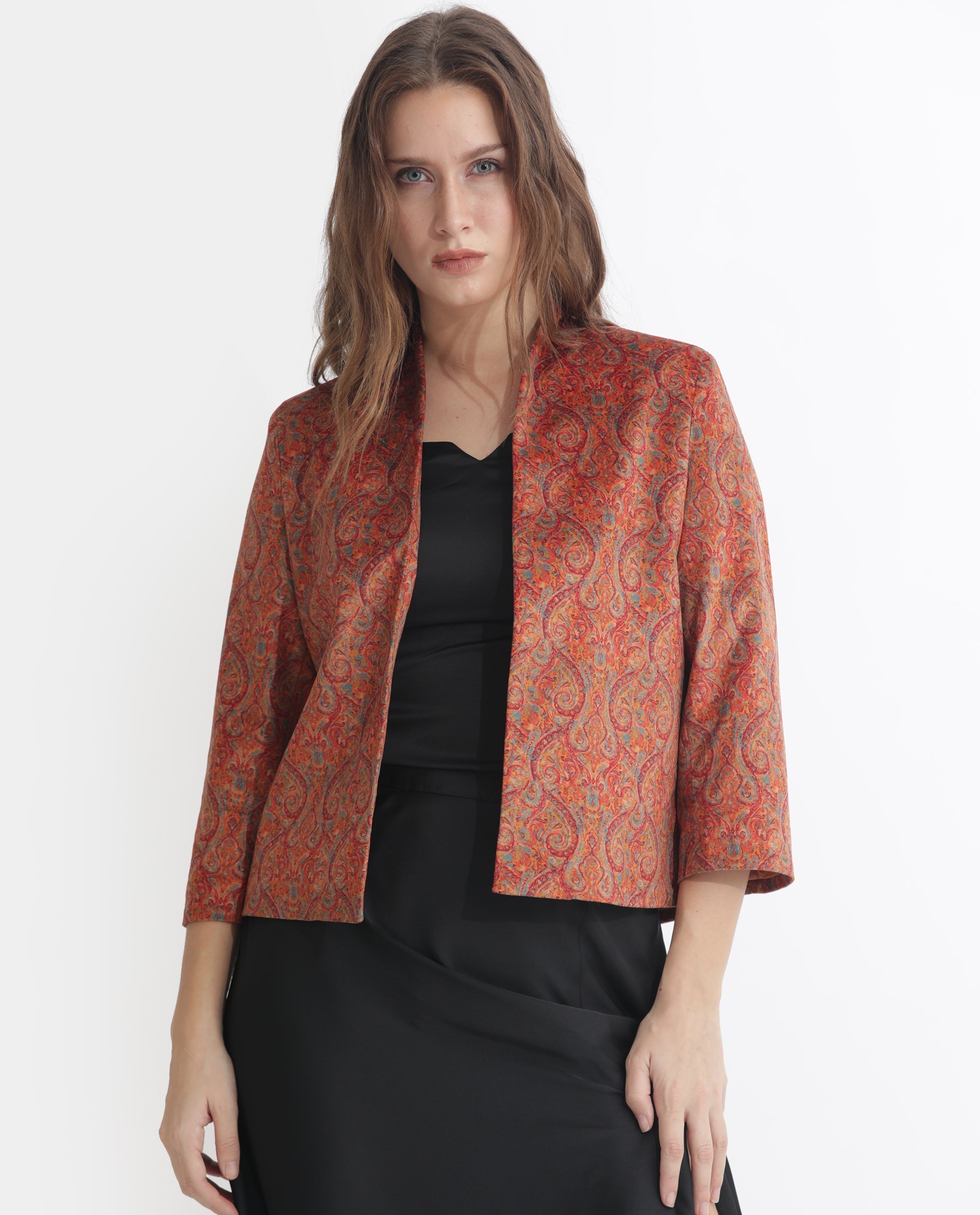 Rareism Women Rinok Gold Velvet 3/4Th Sleeves Print Collarless Shrug