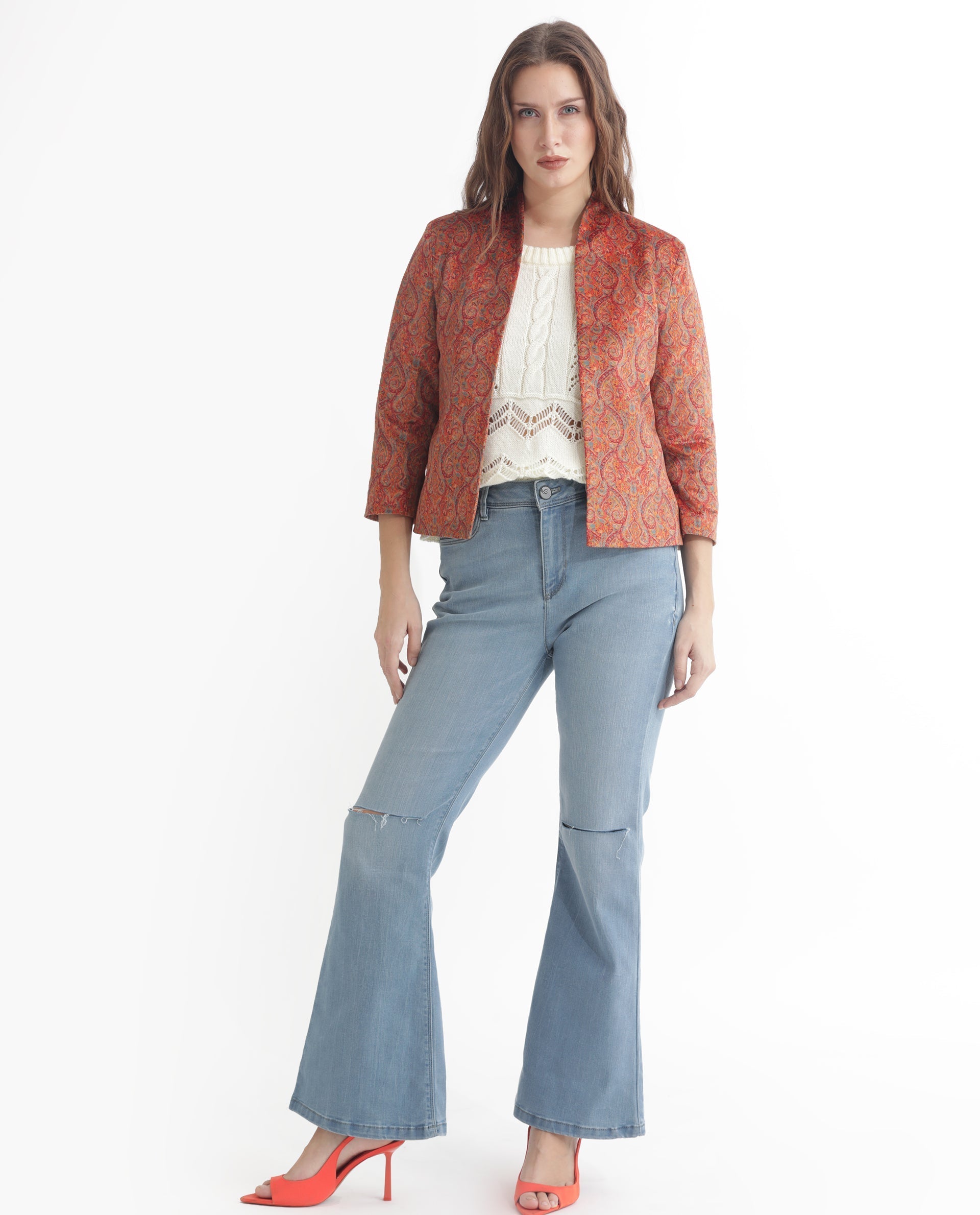 Rareism Women Rinok Gold Velvet 3/4Th Sleeves Print Collarless Shrug