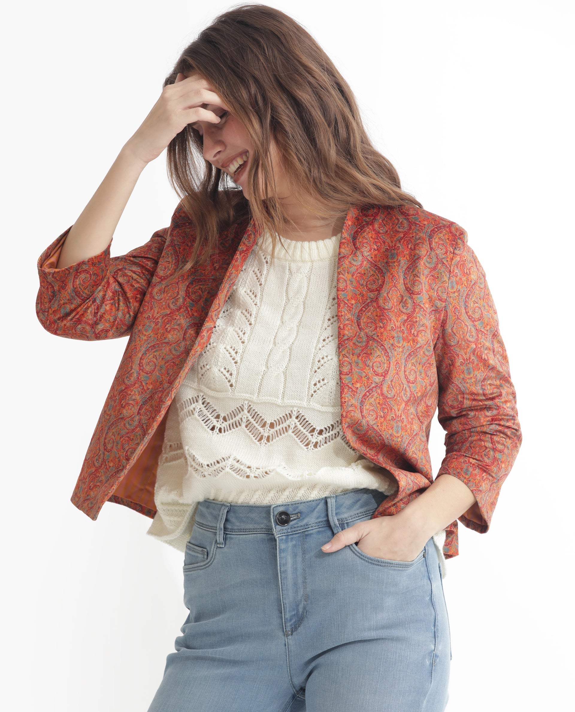 Rareism Women Rinok Gold Velvet 3/4Th Sleeves Print Collarless Shrug