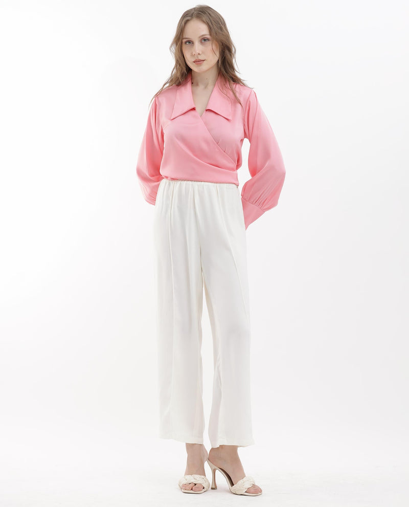 Rareism Women Riola Pastel Pink Polyester Fabric Full Sleeves Tie-Up Closure Johnny Collar Cuffed Sleeve Regular Fit Plain Cropped Top