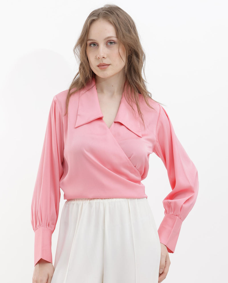 Rareism Women Riola Pastel Pink Polyester Fabric Full Sleeves Tie-Up Closure Johnny Collar Cuffed Sleeve Regular Fit Plain Cropped Top