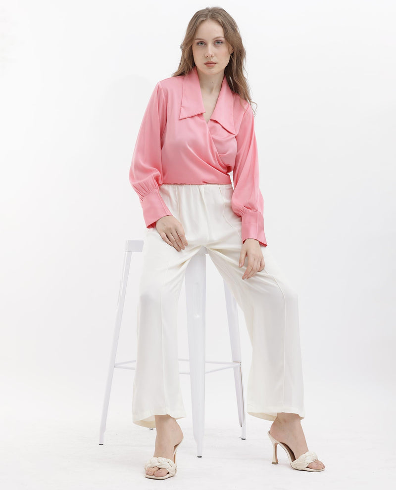 Rareism Women Riola Pastel Pink Polyester Fabric Full Sleeves Tie-Up Closure Johnny Collar Cuffed Sleeve Regular Fit Plain Cropped Top