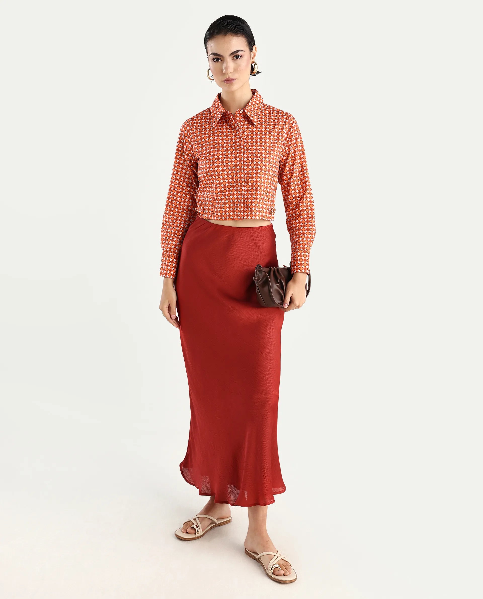 Rareism Women's Rister Multi Cotton Spread Collar Geometric Print Cuffed Sleeve Crop Regular Fit Top