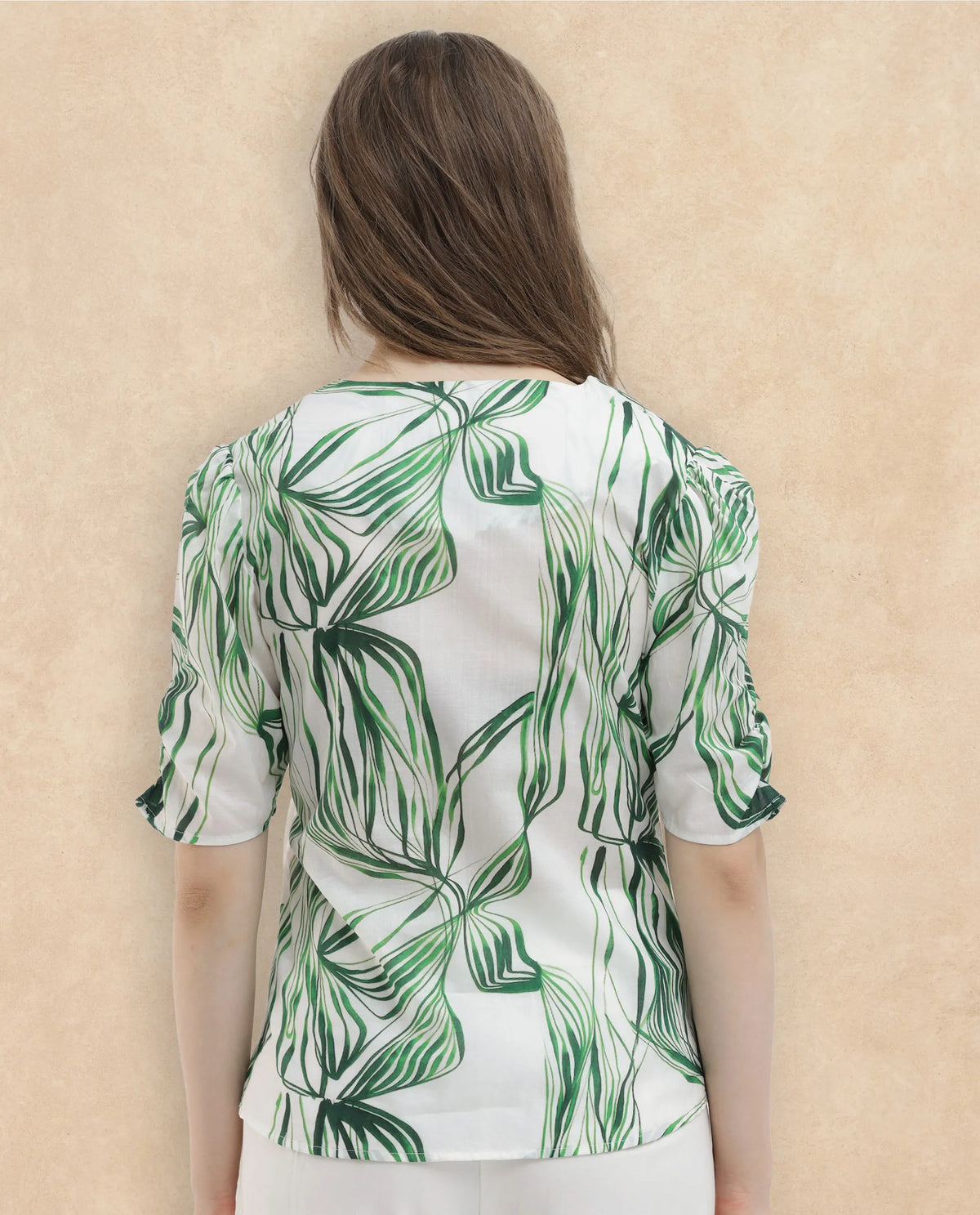 Rareism Women Riter-SC Green Cotton Fabric Short Sleeves V-Neck Puff Sleeve Regular Fit Abstract Print Top