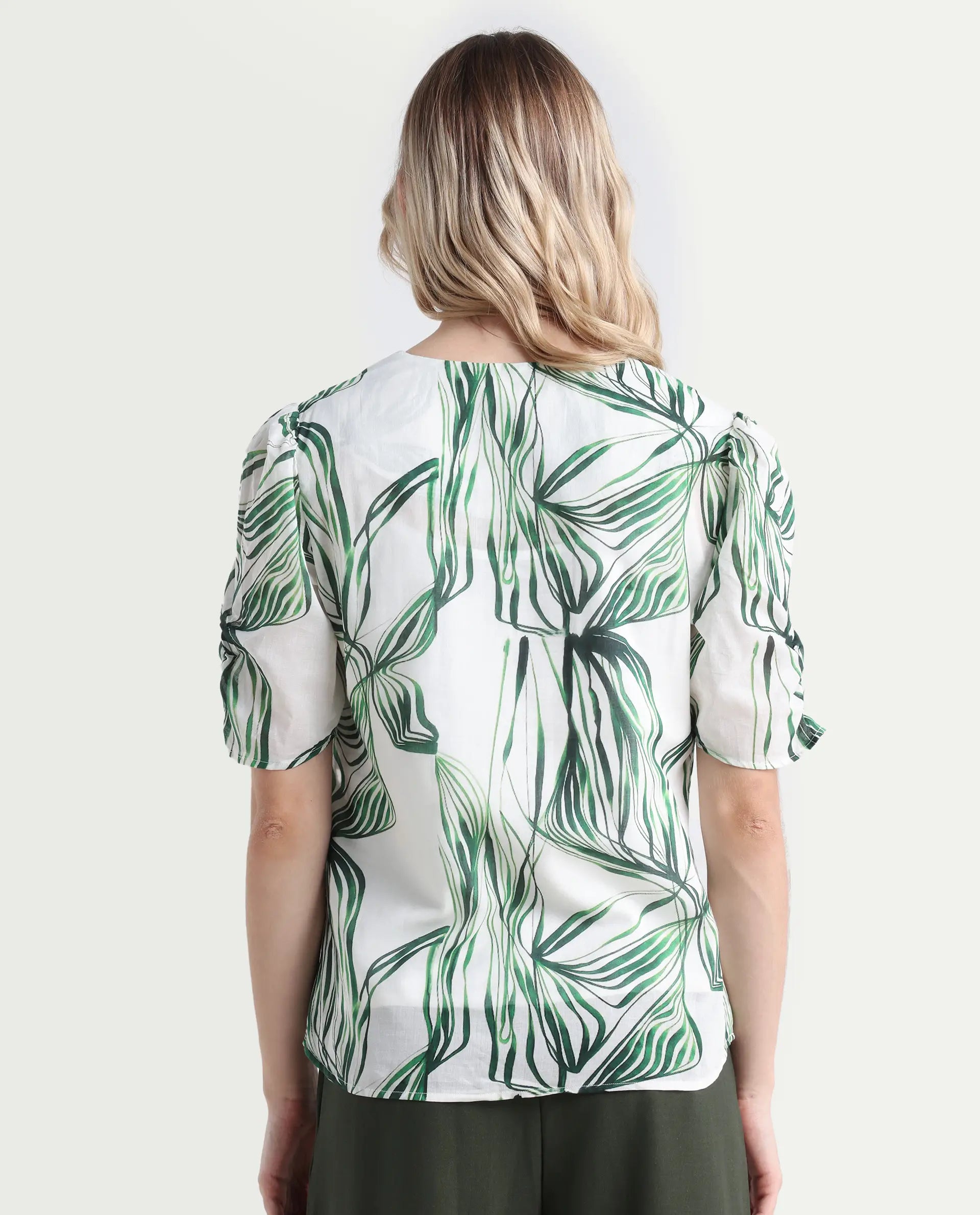 Rareism Women's Riter Green Cotton V-Neck Plain Puff Sleeve Regular Fit Top