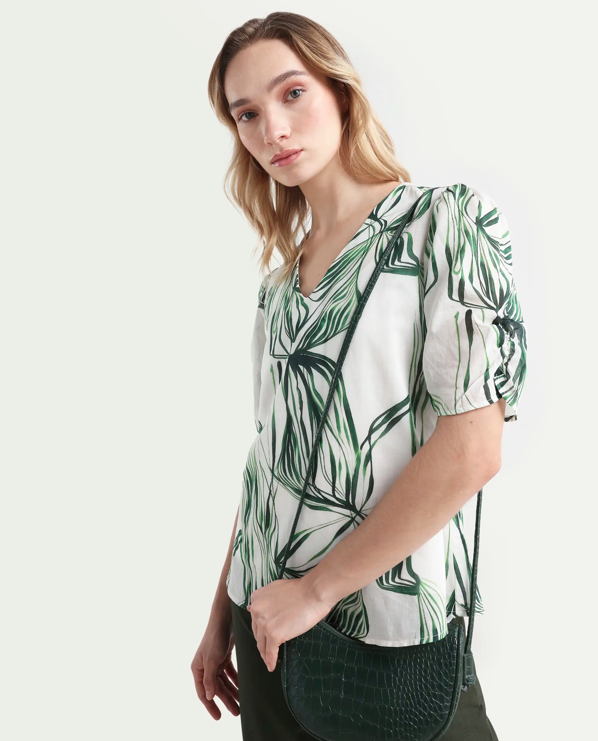 Rareism Women's Riter Green Cotton V-Neck Plain Puff Sleeve Regular Fit Top