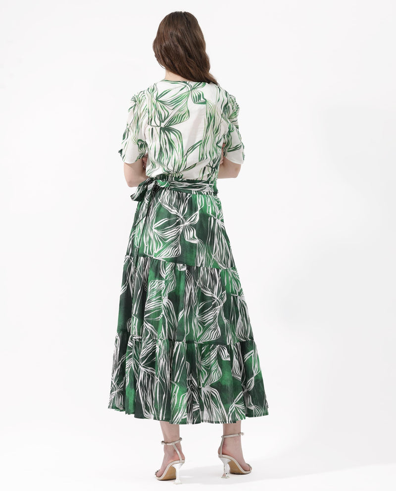 Rareism Women Rittert Green Cotton Fabric Tie-Up Closure Regular Fit Abstract Print Midi Skirt