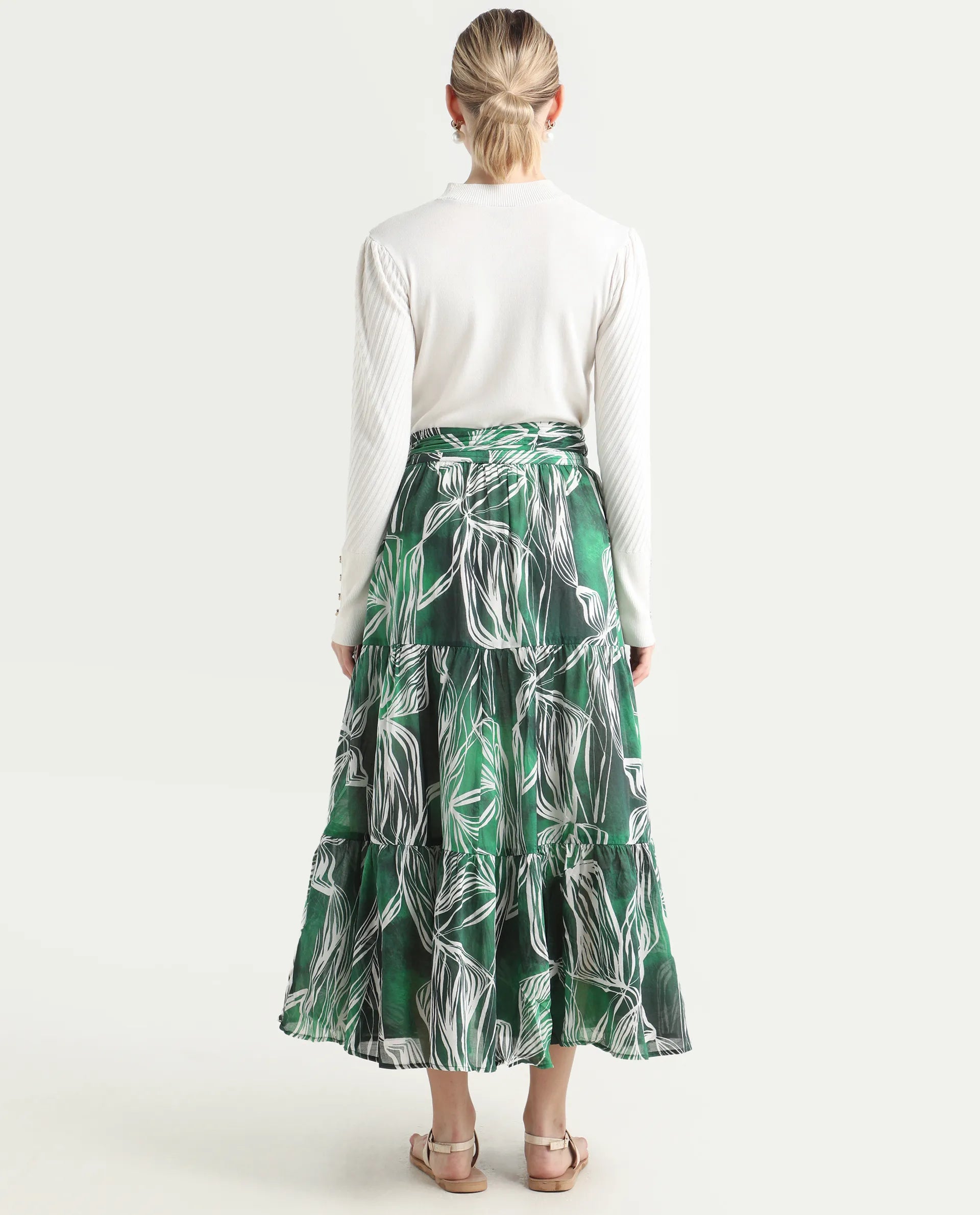 Rareism Women's Rittert Green Cotton Abstract Print Maxi Flared Skirt