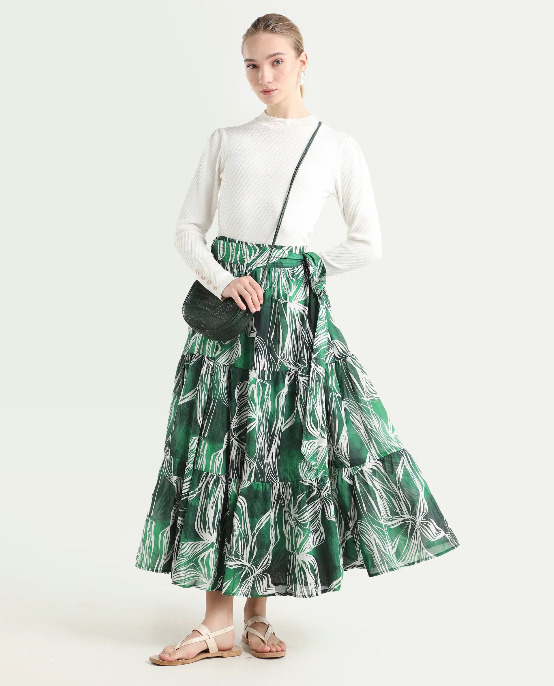 Rareism Women's Rittert Green Cotton Abstract Print Maxi Flared Skirt