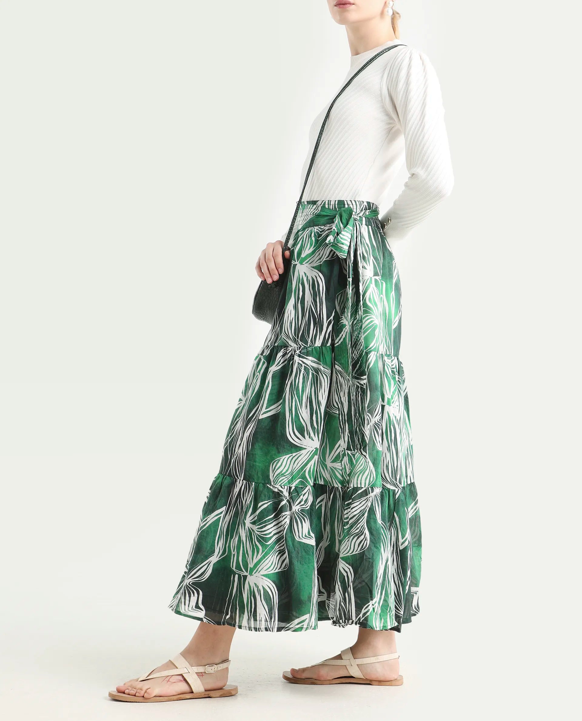 Rareism Women's Rittert Green Cotton Abstract Print Maxi Flared Skirt