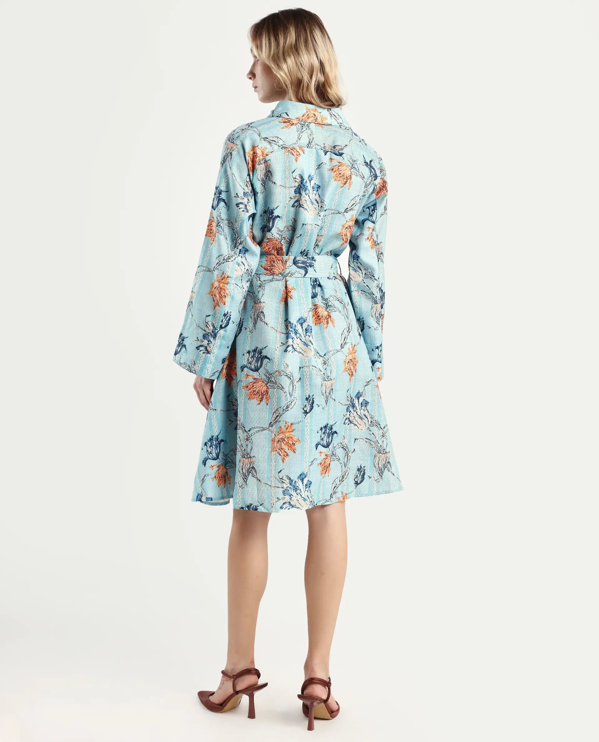 Rareism Women's Riveria Dusky Blue Polyester Spread Collar Floral Print Raglan Sleeve Knee Length A-Line Dress